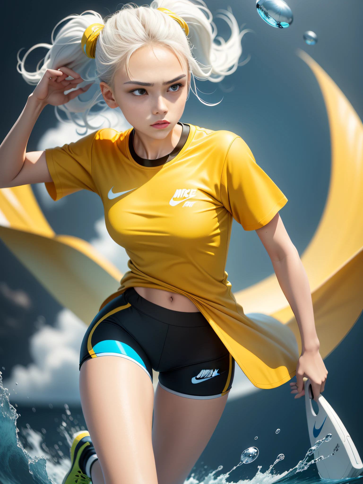 A stylish one-man design space background full of bubbles fluffy feeling summer sports T-hug space background Cyberpunk ((white sea blue: 1.3) + (fashion: 1.1) + (trendy: 1.2)), (nike logo), (corona rendering), ((summer sports t-hu concept + concept art design): 1.3), (8K: 1.3), (2:3 aspect ratio + warm color Q2), (750 pixels), ((fashion elements) :( 1.1+Yellow T-shirt blends with fashion elements)), (dynamic: 5), raindrops