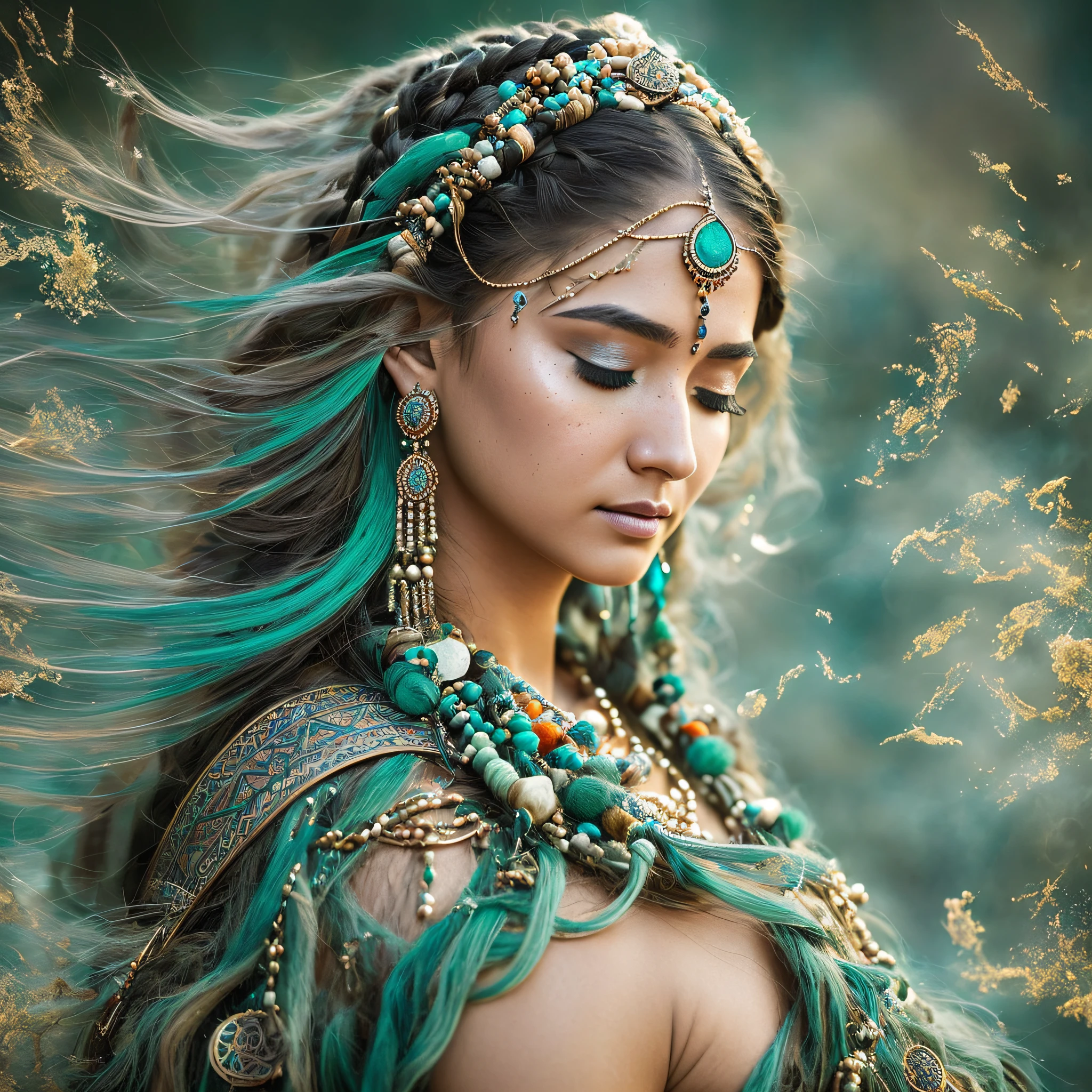Jennifer Lopes actress (full portrait), (mid-plane), solo, detailed background, detailed face, (stonepunkAI, stone theme: 1.1), sage, (female), (Native American), (beautiful hair, braids: 0.2), shaman, piercing septum, mystic, (gorgeous face), stunning, head tilted up, (eyes closed, serene expression), calm, meditating, Seafoam Green shredded clothes, prayer beads, tribal jewelry, feathers in hair, headdress:0.33, jade, obsidian, detailed clothing, neckline, realistic skin texture, (floating particles, water swirl, embers, ritual, whirlpool, wind: 1.2), sharp focus, volumetric lighting, good highlights, good shading, subsurface dispersion, intricate, highly detailed, ((cinematic), dramatic, (high quality, award-winning, masterpiece: 1.5), (photorealistic: 1.5), (intricate symmetrical war painting: 0.5), --auto --s2