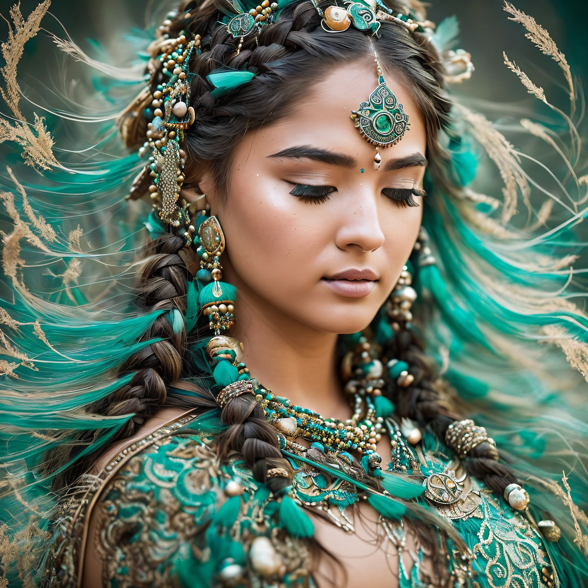 Jennifer Lopes actress (full portrait), (mid-plane), solo, detailed background, detailed face, (stonepunkAI, stone theme: 1.1), sage, (female), (Native American), (beautiful hair, braids: 0.2), shaman, piercing septum, mystic, (gorgeous face), stunning, head tilted up, (eyes closed, serene expression), calm, meditating, Seafoam Green shredded clothes, prayer beads, tribal jewelry, feathers in hair,  headdress:0.33, jade, obsidian, detailed clothing, neckline, realistic skin texture, (floating particles, water swirl, embers, ritual, whirlpool, wind: 1.2), sharp focus, volumetric lighting, good highlights, good shading, subsurface dispersion, intricate, highly detailed, ((cinematic), dramatic, (high quality, award-winning, masterpiece: 1.5), (photorealistic: 1.5), (intricate symmetrical war painting: 0.5), --auto --s2