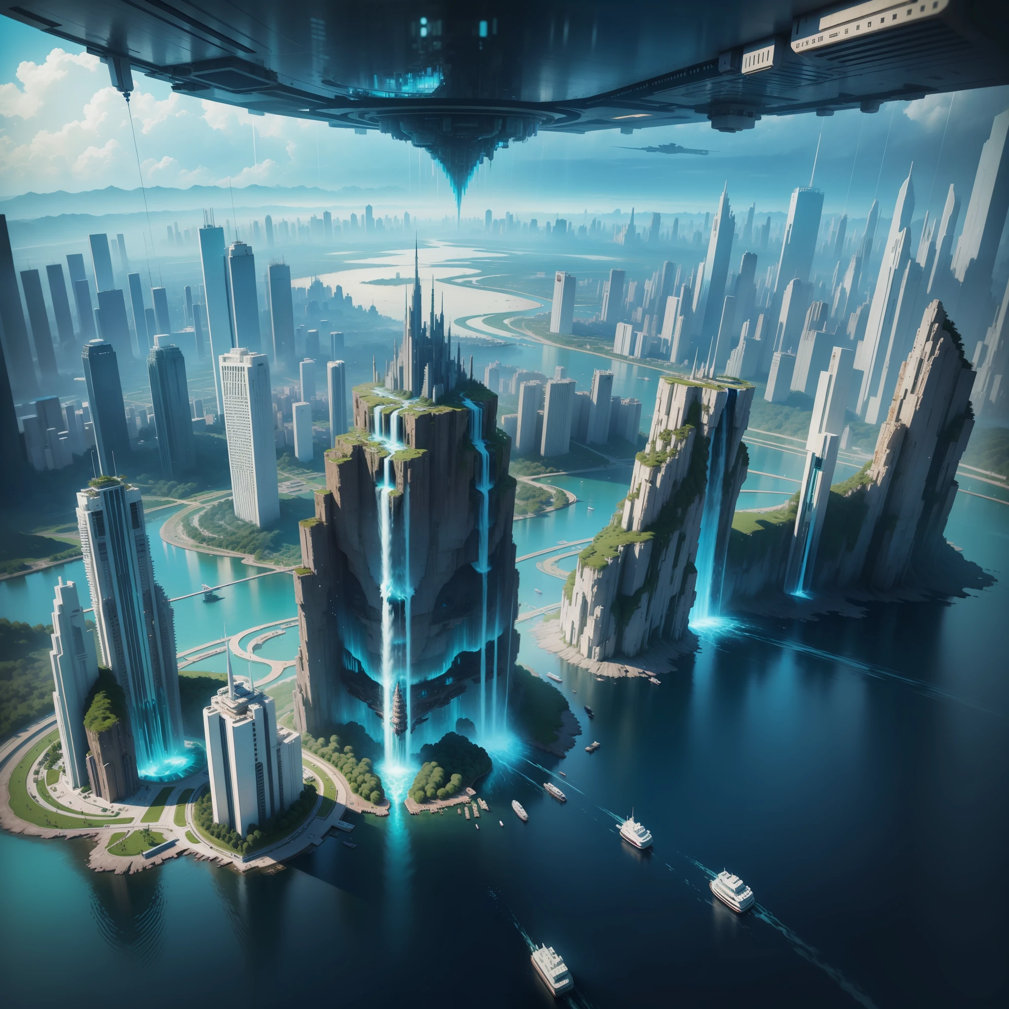 Aerial City Floating City Future World Cyberpunk Top Quality Masterpiece Giant Waterfall