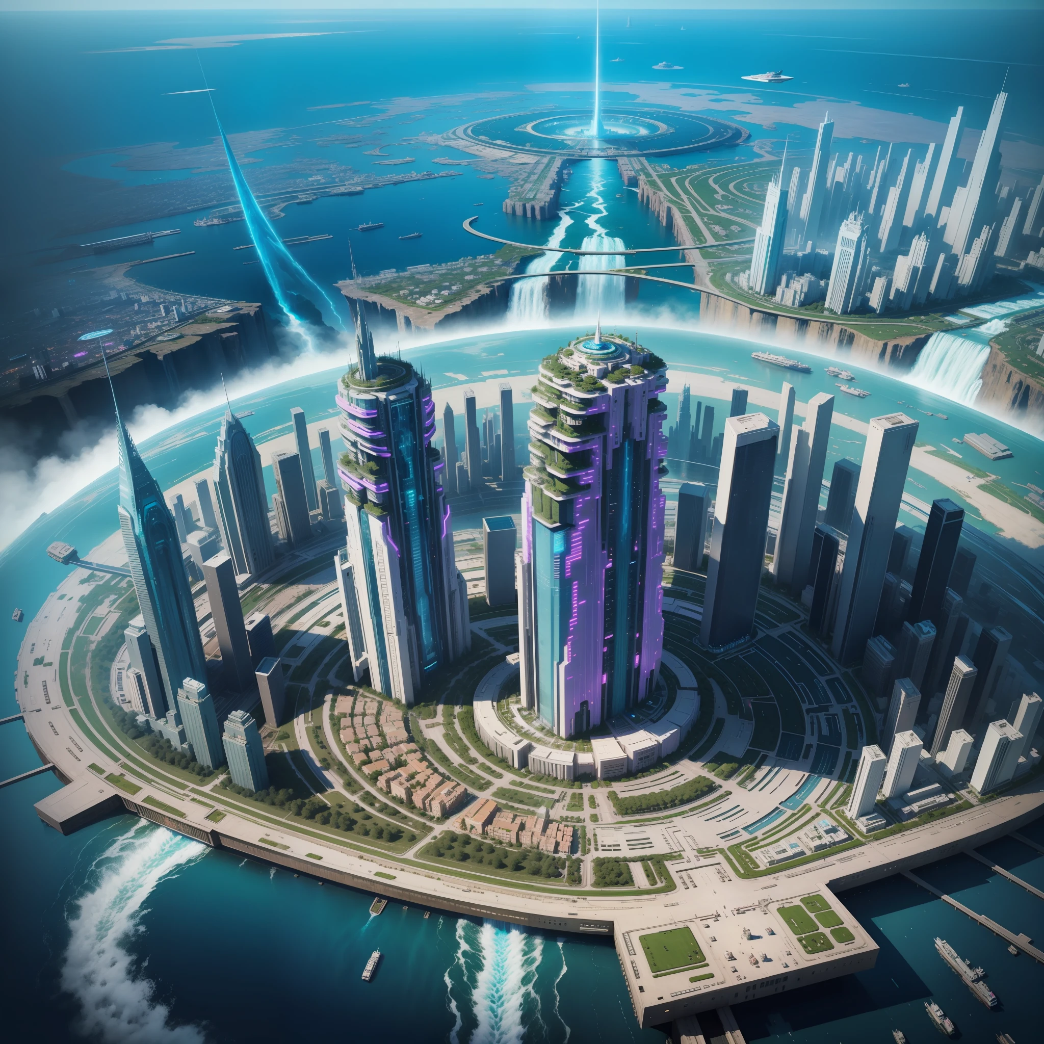 Aerial City Floating City Future World Cyberpunk Top Quality Masterpiece Giant Waterfall