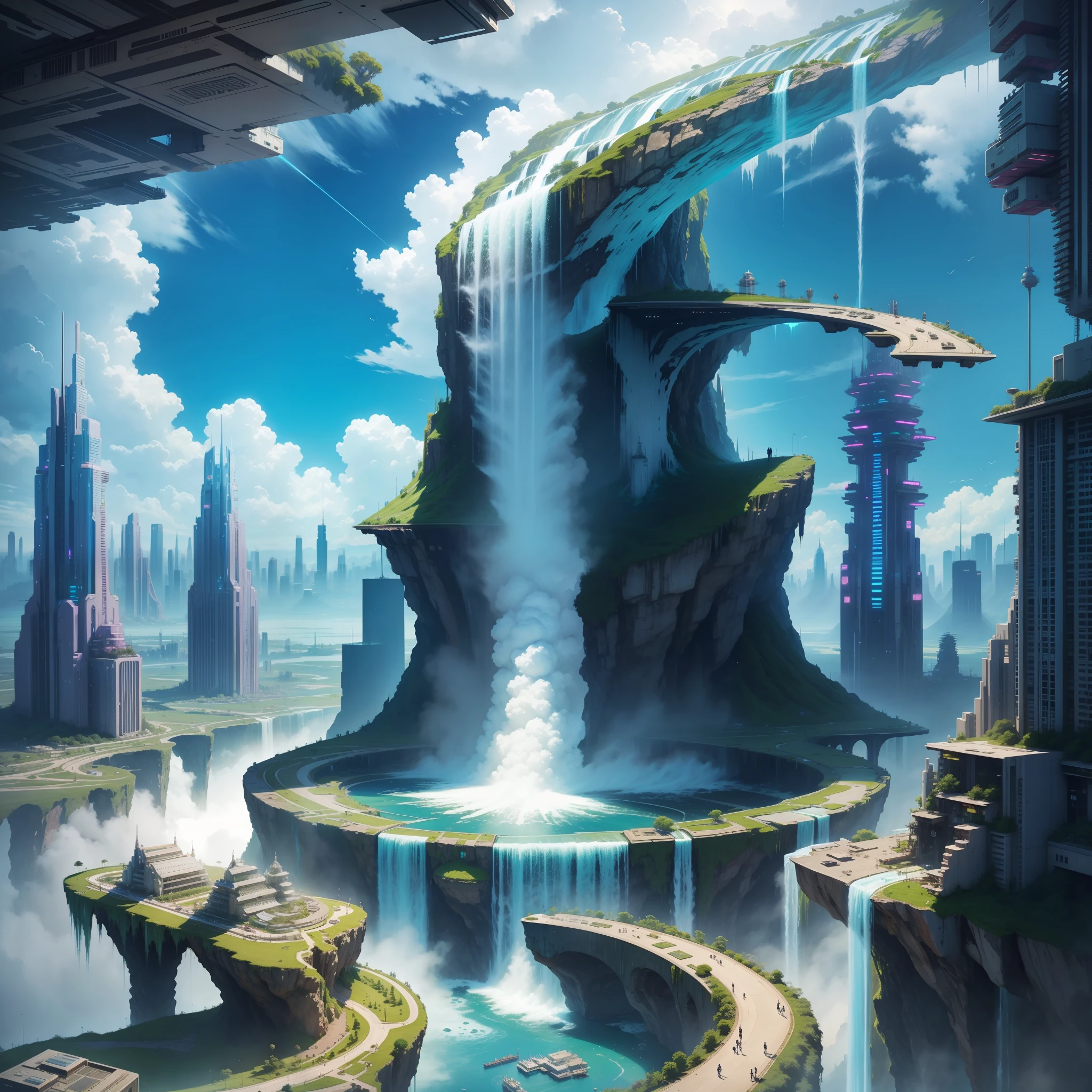 Aerial City Floating City Future World Cyberpunk Top Quality Masterpiece Giant Waterfall