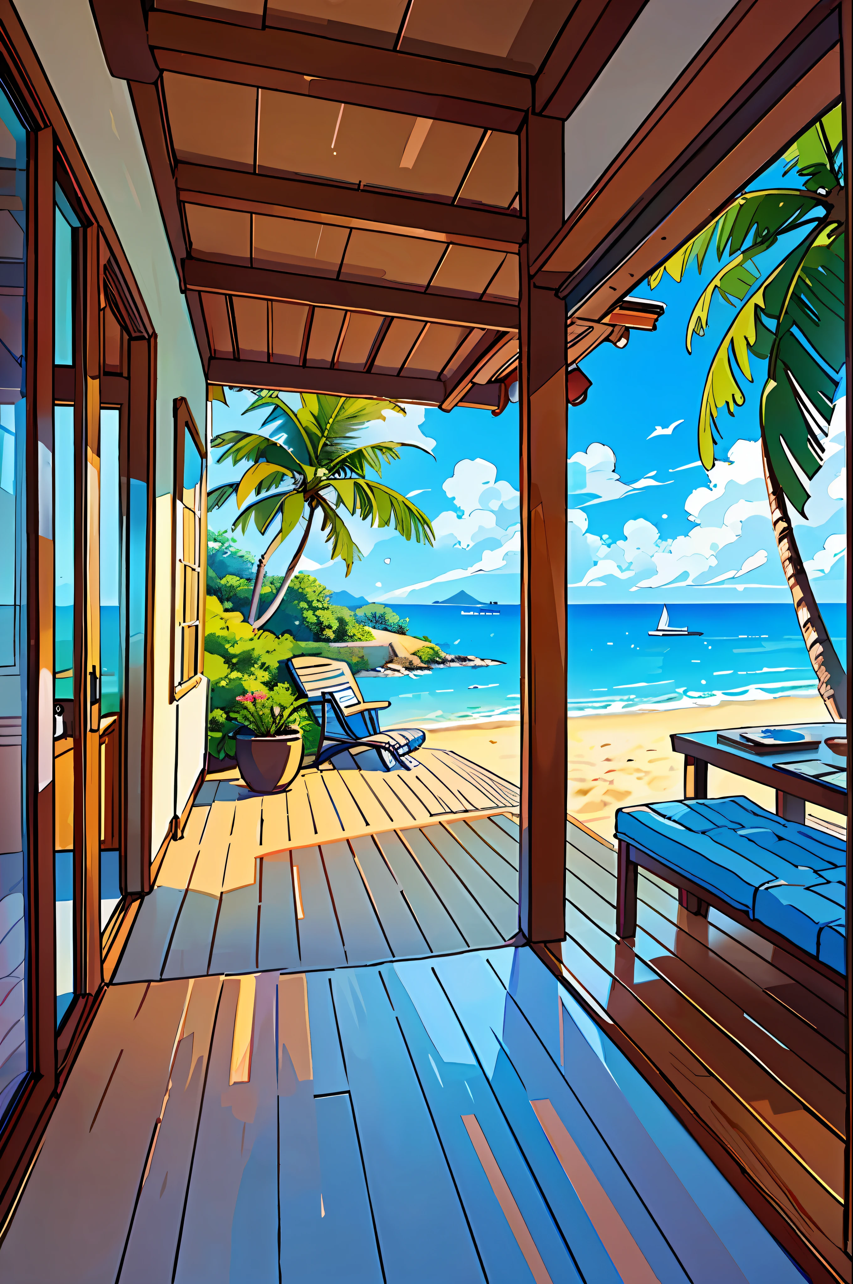 (Best Quality: 0.8), (Best Quality: 0.8), Perfect Anime Illustration, Tropical Beach, Sea Visible from Inside Stylish and Cozy Cottage