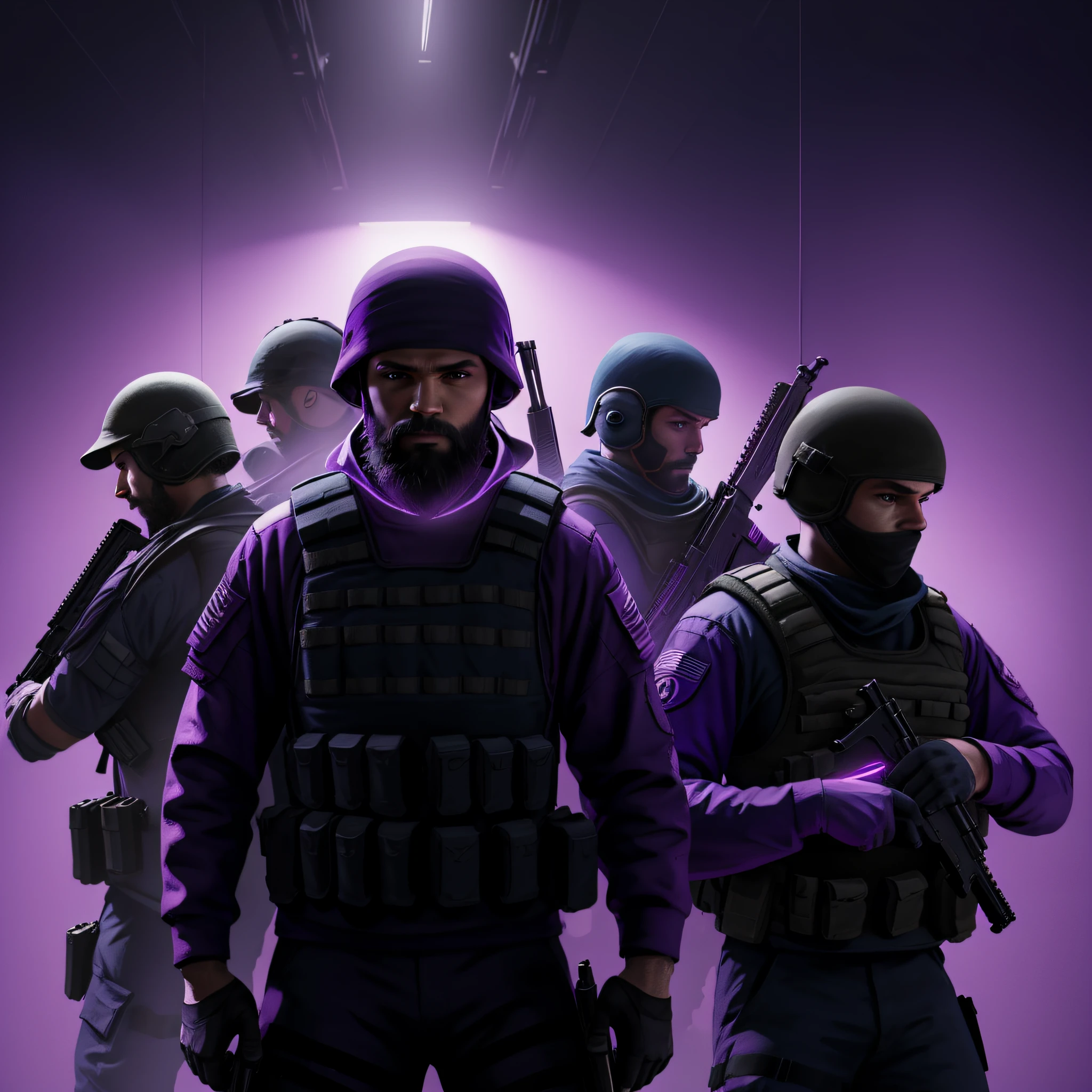 five terrorists from the CS GO game, against a background of purple glow, high detail, realism