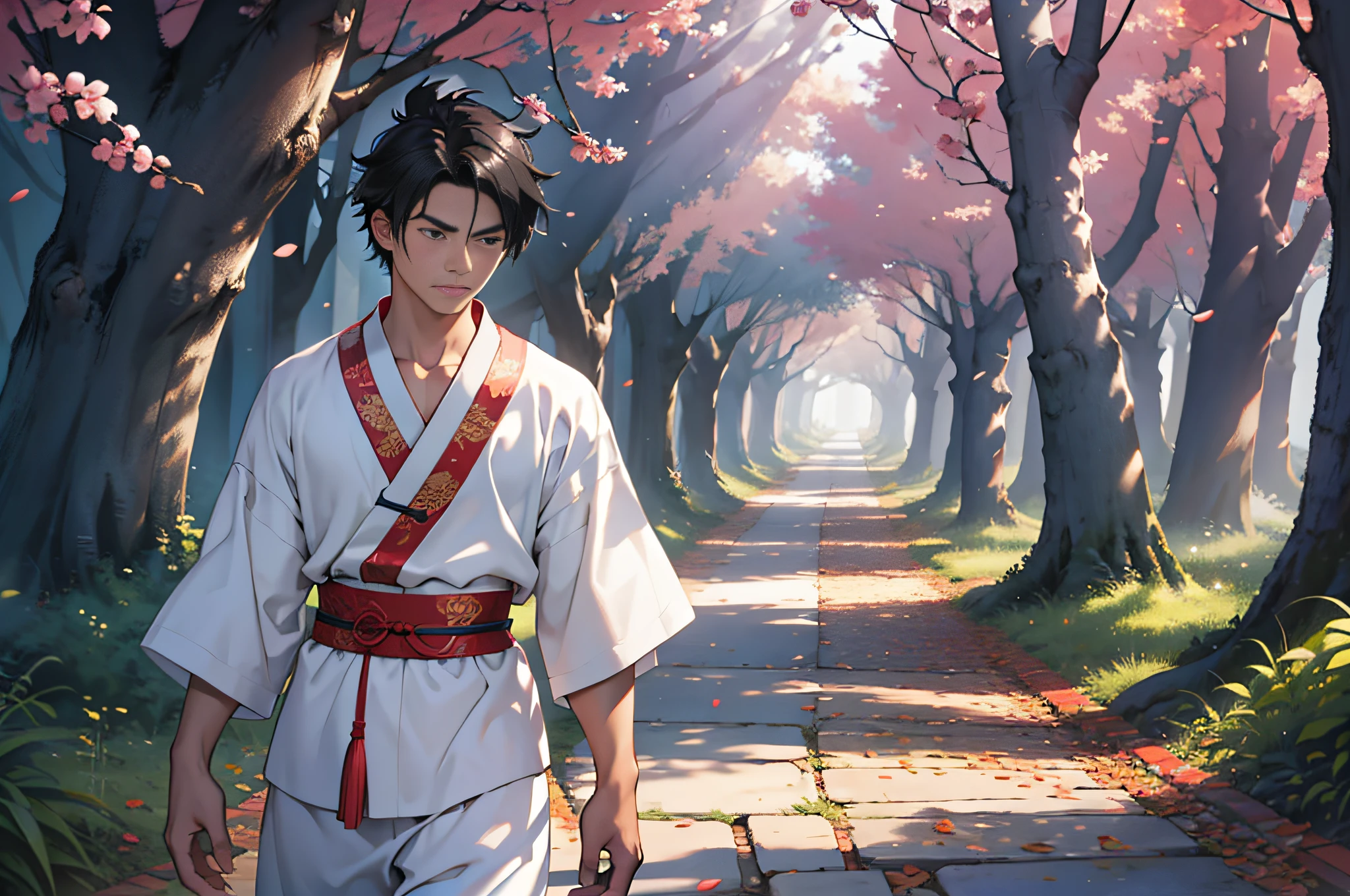 Best quality, masterpiece, high resolution, 1boy, ancient China, 18 years old, short black hair, frowning, white pajamas, walking on tree-lined paths, 4k, 8k. Chinese ancient style. (High Detail Skin: 1.2), 8K UHD, DSLR, Soft Light, High Quality, Volumetric Light, Voyeur, Photo, High Resolution, 4K, 8K.