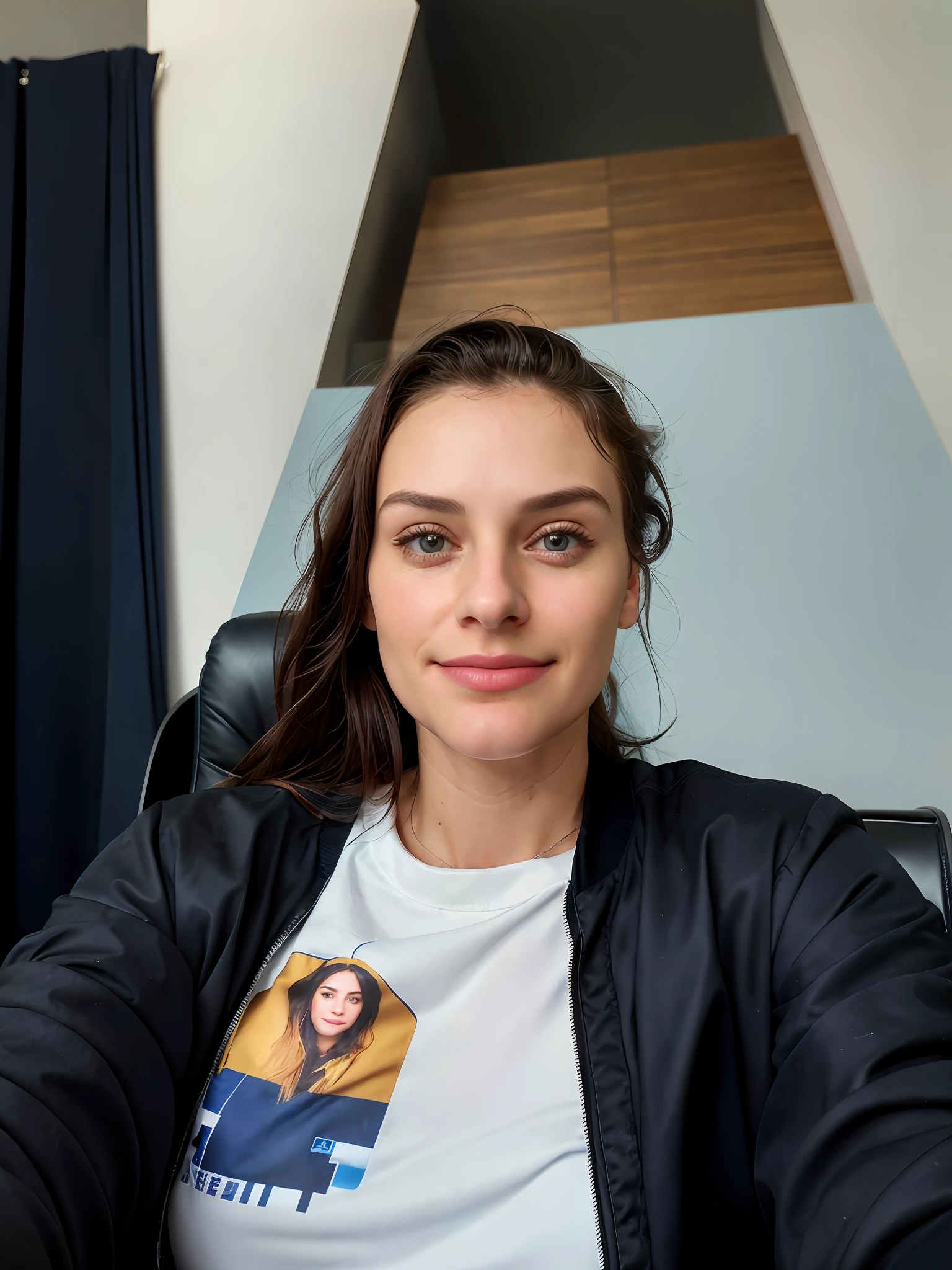 smiling woman sitting in a chair with a blue shirt and black jacket, selfie of a young woman, 8k selfie photograph, 30 years old woman, 3 0 years old woman, without makeup, she is facing the camera, portrait shot 8 k, selfie shot straight on angle, face picture, very very low quality picture, headshot profile picture, looking straight to camera