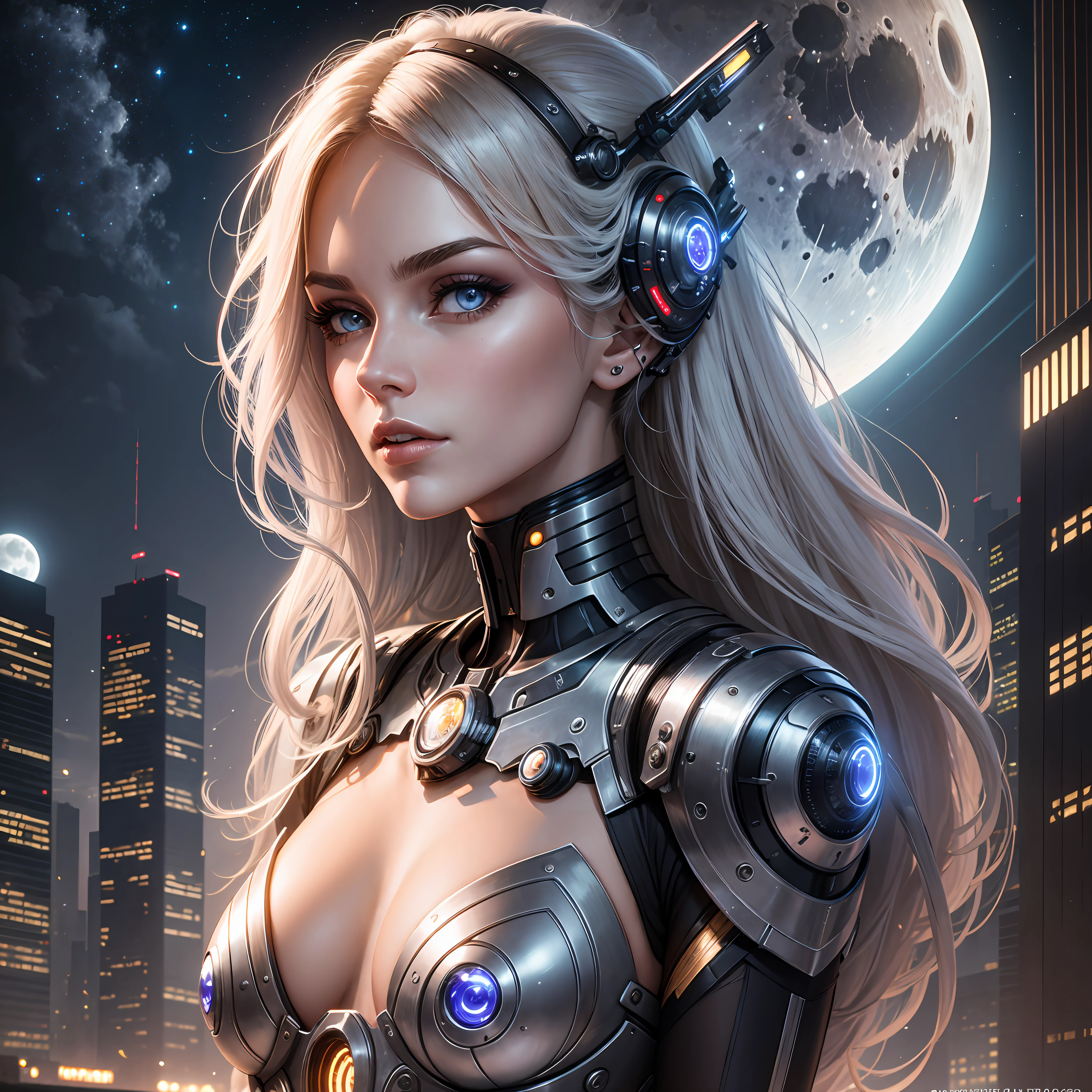 Woman with beautiful European face half cyborg against the background of fantastic moonlit night --auto --s2