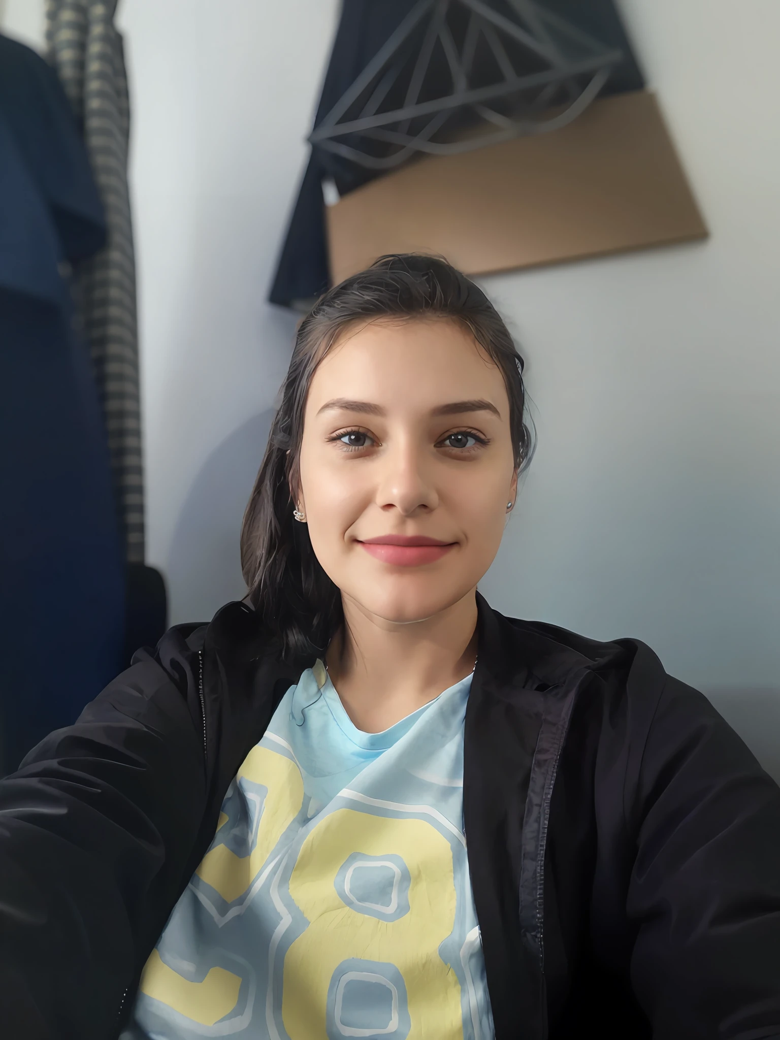 smiling woman sitting in a chair with a blue shirt and black jacket, selfie of a young woman, 8k selfie photograph, 30 years old woman, 3 0 years old woman, without makeup, she is facing the camera, portrait shot 8 k, selfie shot straight on angle, face picture, very very low quality picture, headshot profile picture, looking straight to camera