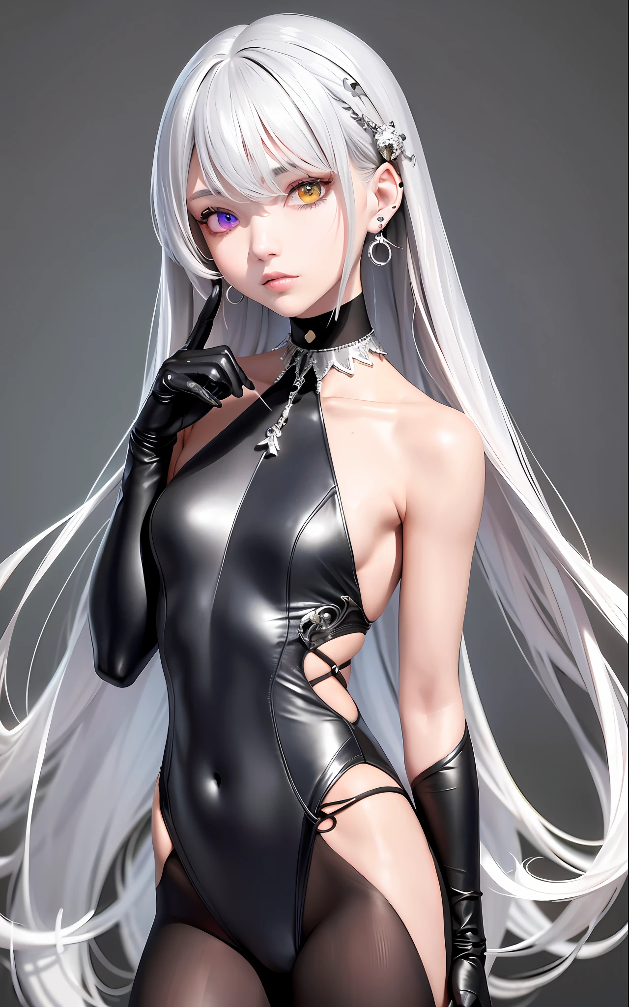 Best, Masterpiece, High Resolution, Best Quality, Ultra HD, Super Detail, Award-Standing, 16k, (Upper Body), Beautiful Girl, Gray Hair, Hair, ((Heterochromia)), Hanging Eye Corners, Fair Skin, (Small), (Slim Body), ((Band Suit)), Stud Earrings, (Neck Rings), (Very, Very Short Gloves)