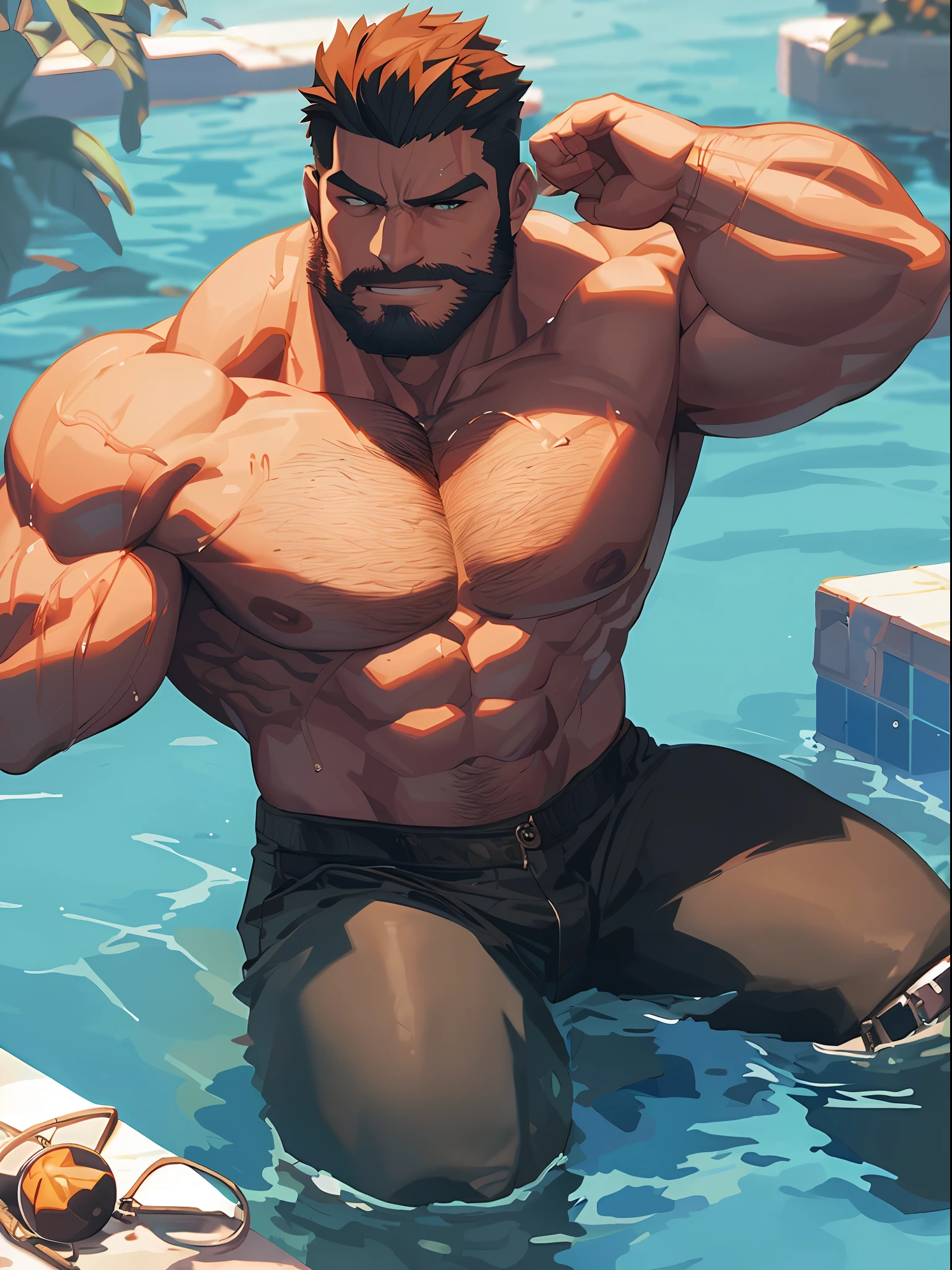 there is a man that is sitting in the water with a cell phone, super buff and cool, muscular character, big biceps, large muscles, muscular!!, gigachad muscular, muscular characters, muscular!!!, big muscles, muscular! cyberpunk, male art, massive muscles, muscular male hero, beefcake pose, beefy, commission for high res, muscular! close up shot, portrait