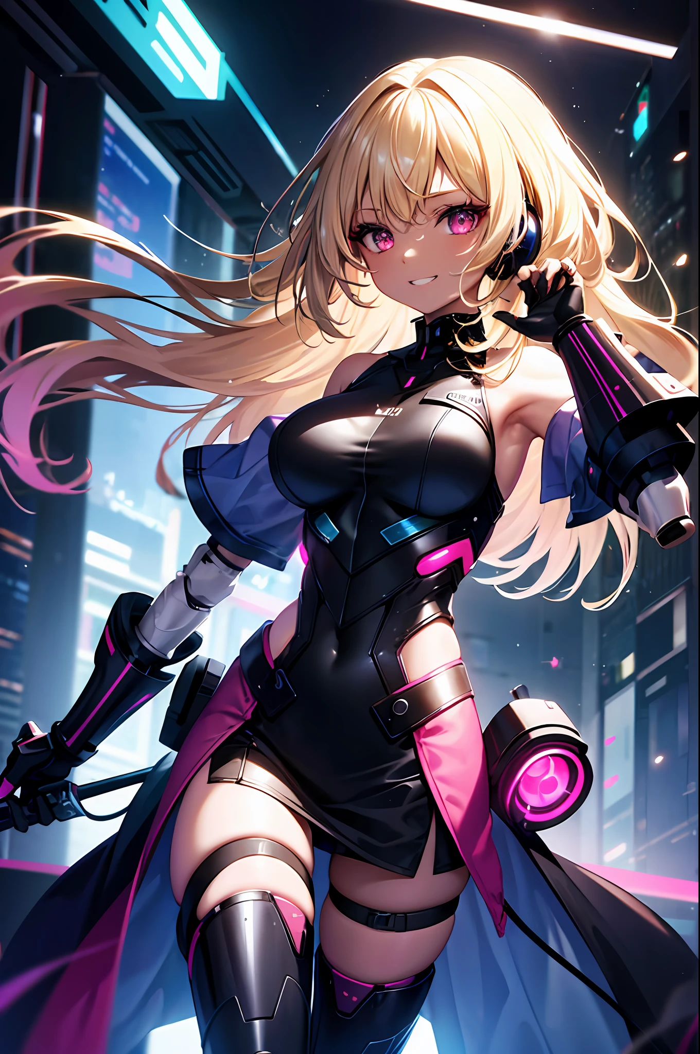 Top quality, masterpiece, incredibly beautiful, very delicate 8k wallpaper, transcendent beautiful girl, gal, dark skin, long hair, (blonde hair pink gradient hair), BREAK, grinning, long eyelashes, makeup, sparkly eyes, constriction, big, big ass, BREAK, (exoskeleton leotard), (red eye), break, (mechanical joints, mechanical limbs: 1.4), perfect five fingers, BREAK, (bare shoulders and armpits), absolute area, (headphones), (black miniskirt), BREAK, cyberpunk, open stance, Neon glowing city,