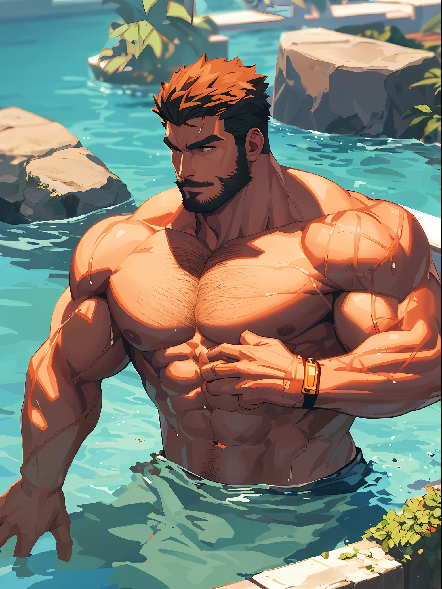 there is a man that is sitting in the water with a cell phone, super buff and cool, muscular character, big biceps, large muscles, muscular!!, gigachad muscular, muscular characters, muscular!!!, big muscles, muscular! cyberpunk, male art, massive muscles, muscular male hero, beefcake pose, beefy, commission for high res, muscular! close up shot, portrait