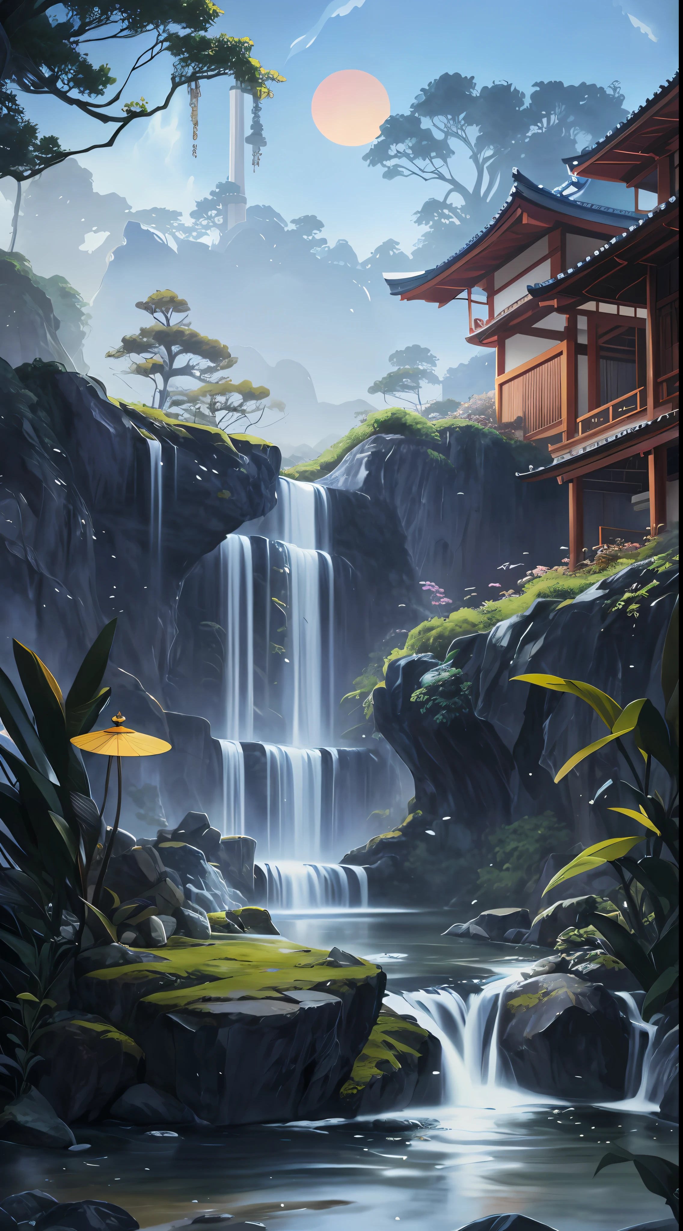 painting of a waterfall in a japanese garden with a pagoda in the background, ross tran. scenic background, andreas rocha style, beautiful art uhd 4 k, 4k highly detailed digital art, relaxing concept art, anime background art, 8k high quality detailed art, 8k stunning artwork, rossdraws global illumination, concept art wallpaper 4k, anime scenery concept art