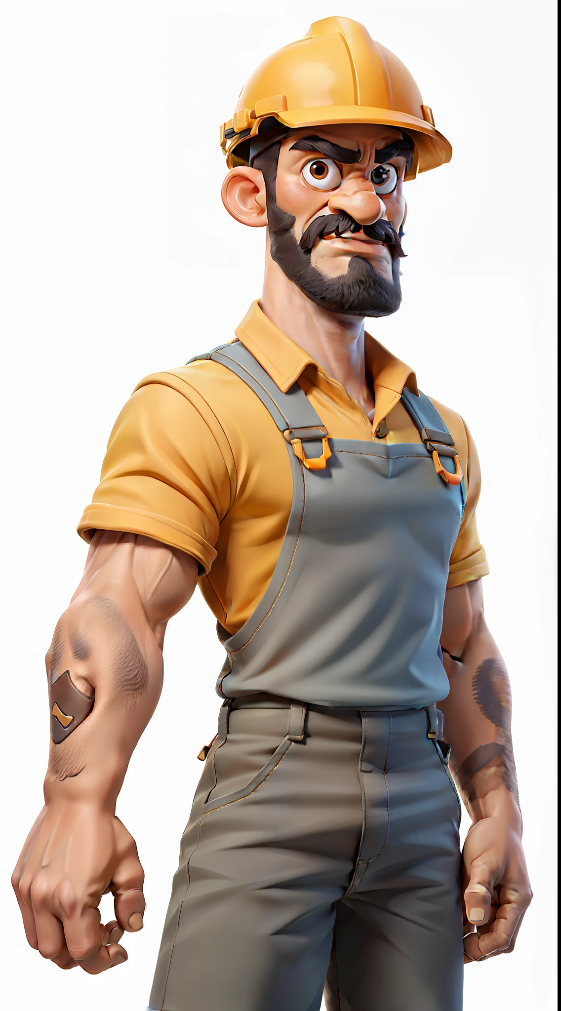 masterpiece, best quality, one man, wearing work clothes, construction worker outfit, overalls with yellow hard hat, looking at camera, white background
