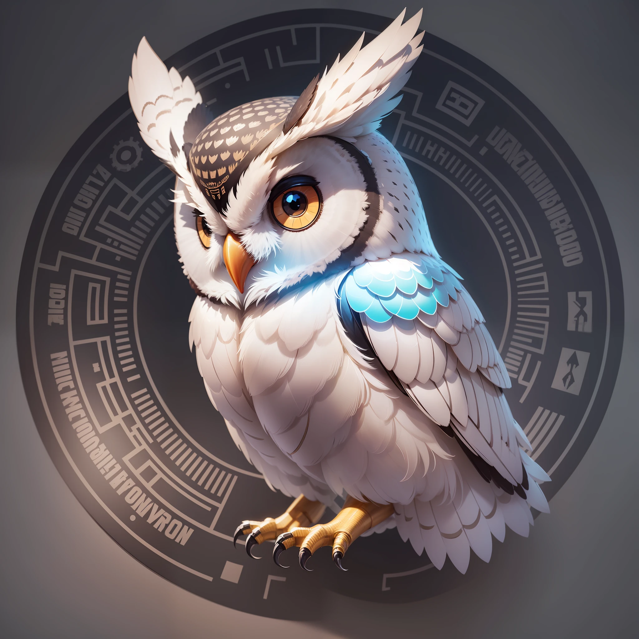 There is an image of an owl with a circular drawing on it, portrait of a geometric owl, emblem of wisdom, mechanical owl, owl, radiant owl, owl mage, the wisest of all owls, hyperrealistic robot owl, owl studio, vector polygon geometric owl owl, barn owl symbol on the chest, highly detailed digital painting, alien owl, mascot illustration, VECTOR, logo, logo,