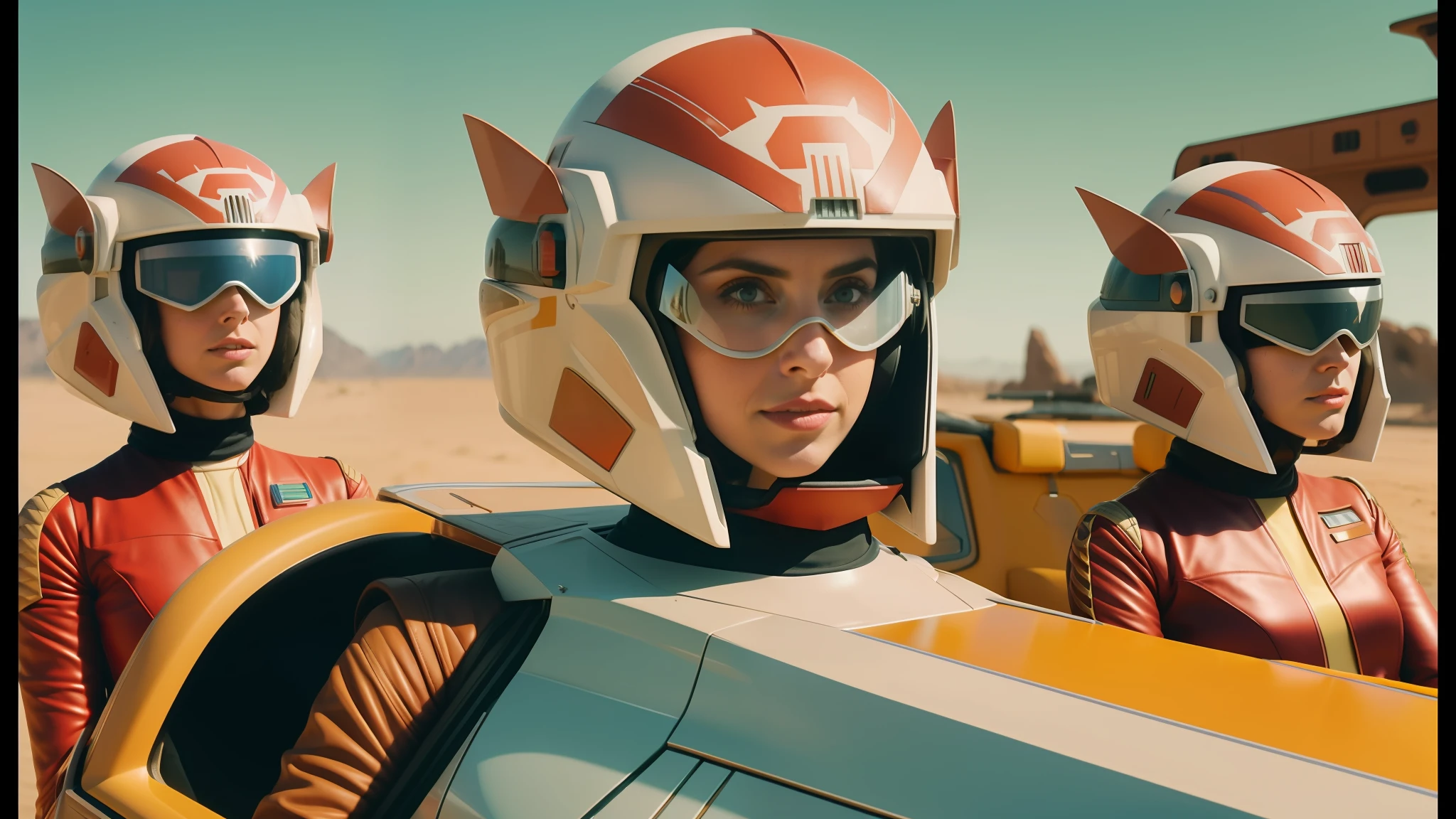 there are three women in star wars costumes in a car, inspired by Wes Anderson, f - zero, dslr 8 k, gorgeous female alison brie, by Louis Mathieu Verdilhan, still from anime, quentin mabille, tumblr aesthetic, desert mirage, wearing winged helmet, 2070s, orange
