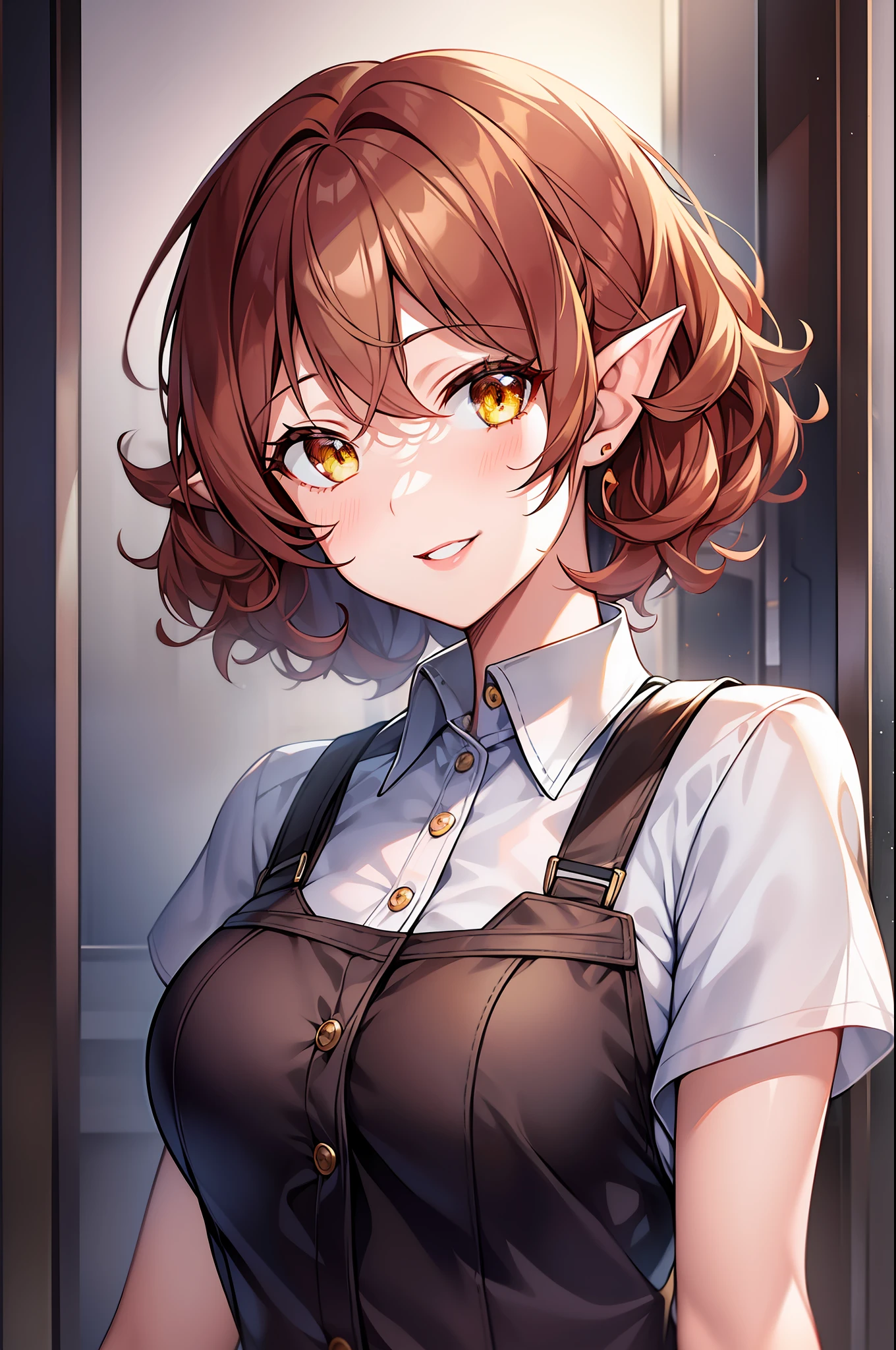 woman, female, adult, smiling, light blush, red lips, light brown hair, short hair, curly hair, yellow eyes, black button up shirt, short sleeves, pointy ears, upper body, industrial age, close up, masterpiece,