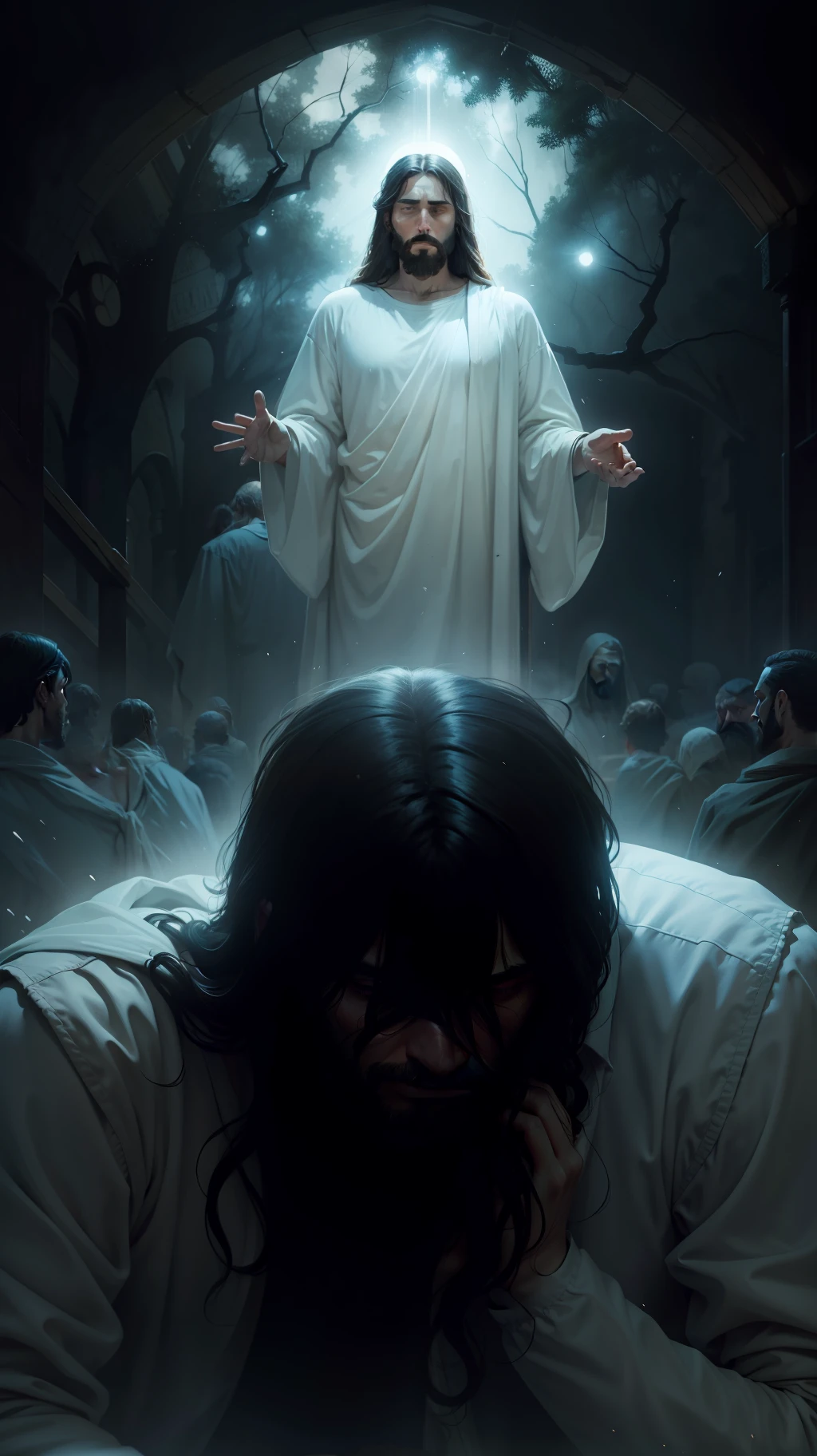 In the background Jesus Christ and in front of him a modern man weeping.