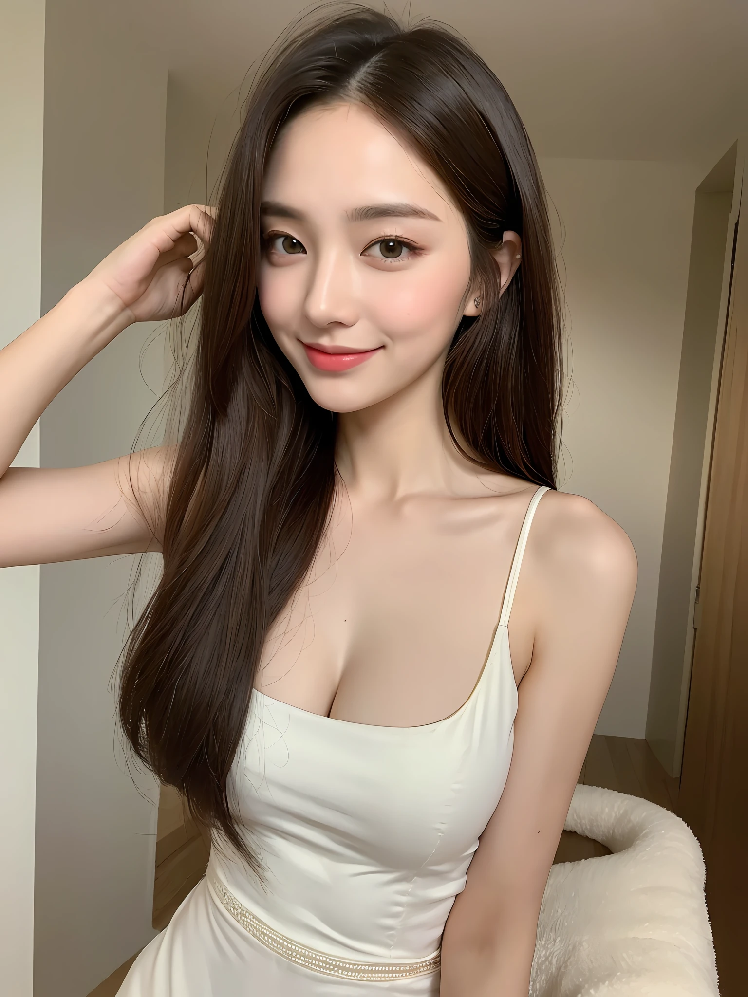 ((Best Quality, 8K, Masterpiece: 1.3)), 1girl, Slim Abs Beauty: 1.3, (Hairstyle Casual, Big Breasts: 1.2), Dress: 1.1, Super Fine Face, Delicate Eyes, Double Eyelids, Smile, Home