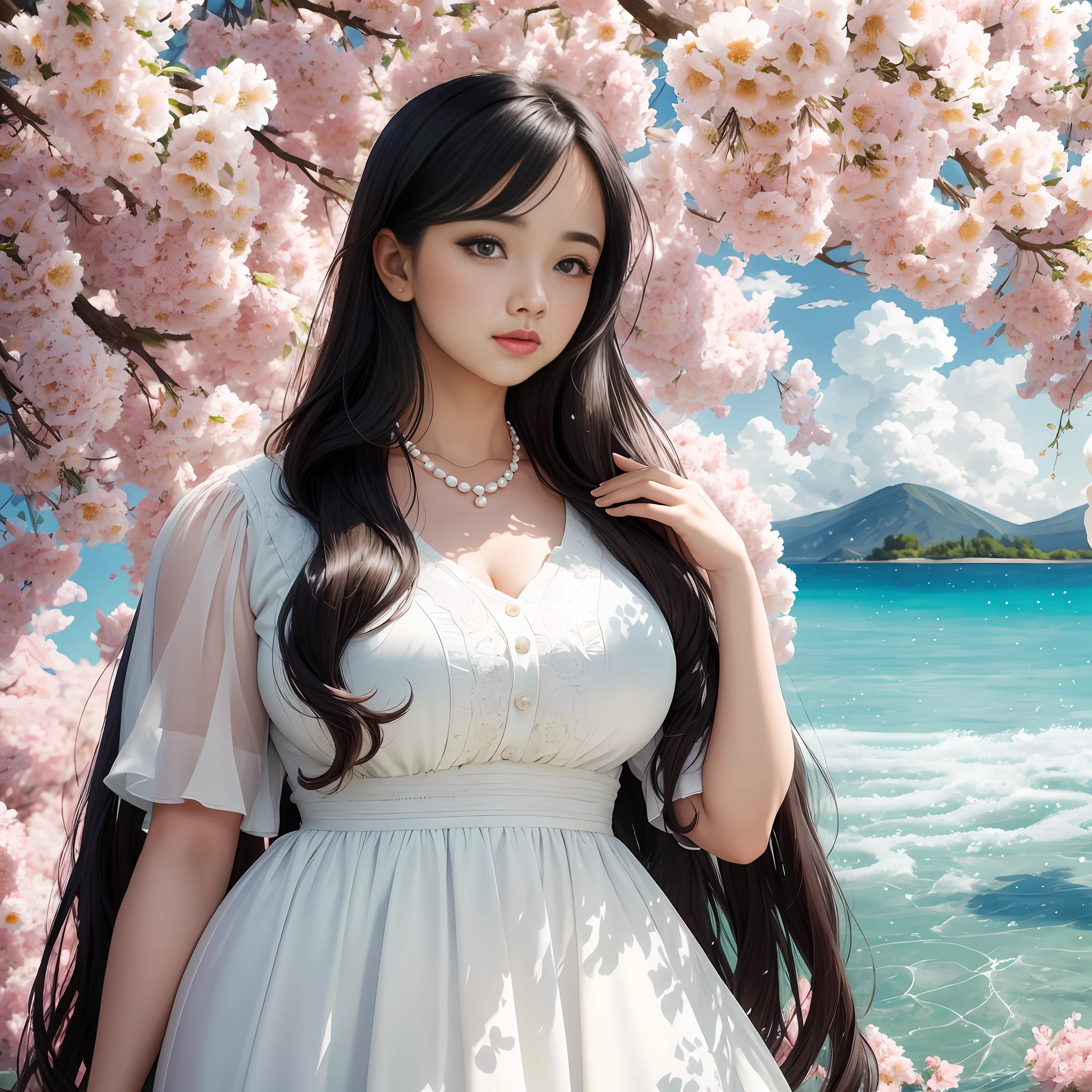 A beautiful beauty, ((cute round face: 1.5)), long hair, black hair, ((big eyes: 1.5)), long eyelashes, pout, small mouth, thick lower lip, round chin, necklace, slightly chubby plump, deep V, thin waist, sexy, white floral dress, cardigan, pearl round jade, background is alpine smoke, flowing water, surrounding flowers and trees, blue sky and white clouds, sunlight, texture realistic, high quality, HD, high resolution