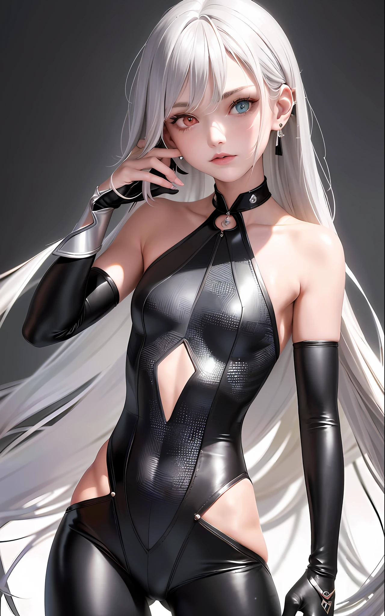 Best, Masterpiece, High Resolution, Best Quality, Ultra HD, Super Detail, Award-Standing, 16k, (Upper Body), Beautiful Girl, Gray Hair, Hair, ((Heterochromia)), Hanging Eye Corners, Fair Skin, (Small), (Slim Body), ((Band Suit)), Stud Earrings, (Neck Rings), (Very, Very Short Gloves)