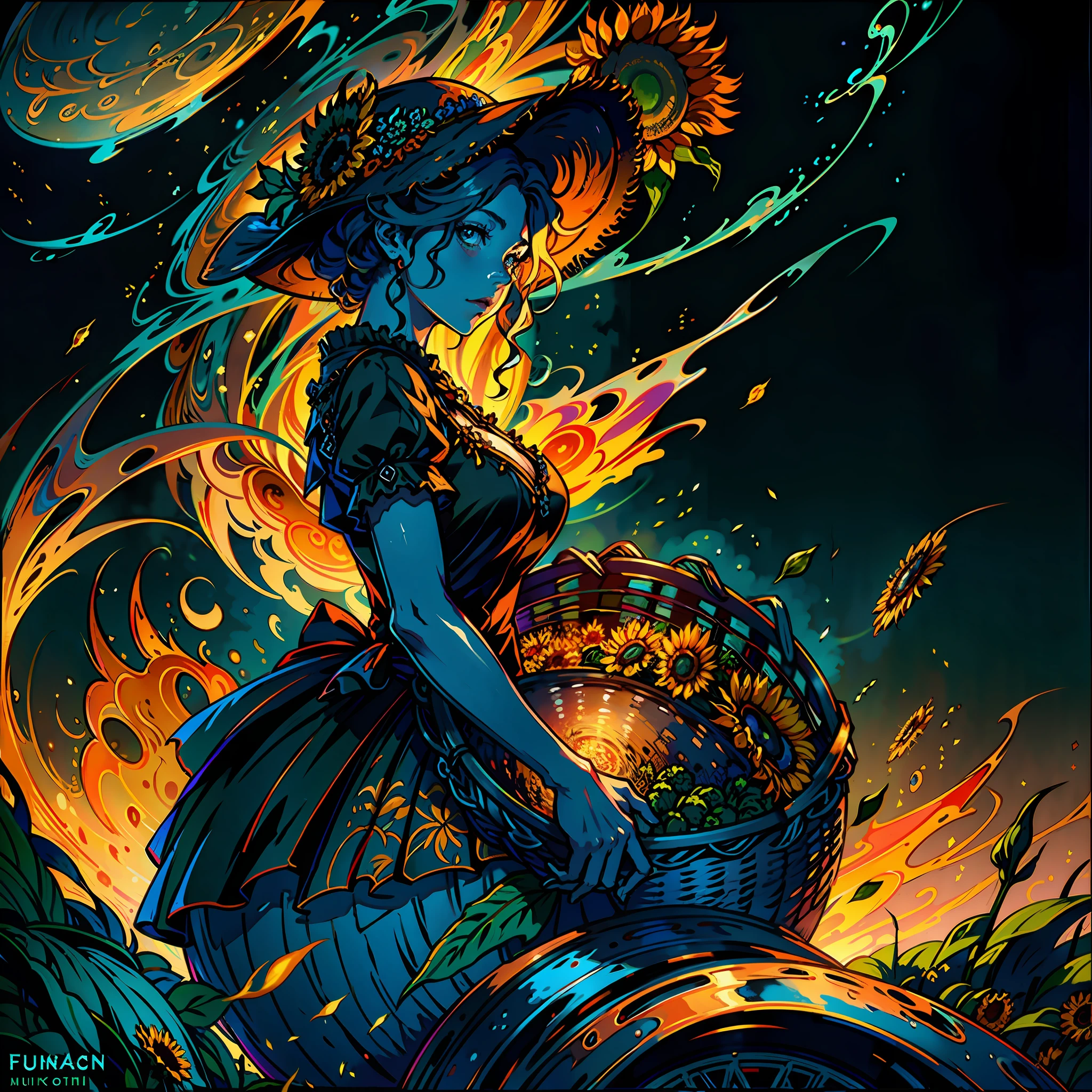 wide angle graffiti of a peasant woman holding a basket from which (thousands of sunflowers) flying and falling from the sky, (swirl of sunflowers) emerging from a peasant woman's basket, grotesque, ful body shot, cinematic lighting, high resolution, insane details, intricate details, hyperdetailed intricately detailed ultra realistic art trending on Artstation triadic colors Unreal Engine 5 detailed matte painting, deep color, fantastical, intricate detail, splash screen, complementary colors, fantasy concept art, 8k resolution, ultra realistic deviantart masterpiece, (dark shot:0.9), soft cinematic light, adobe lightroom, photolab, hdr, intricate, highly detailed, eonn2, mdjrny-grfft, dmmid style