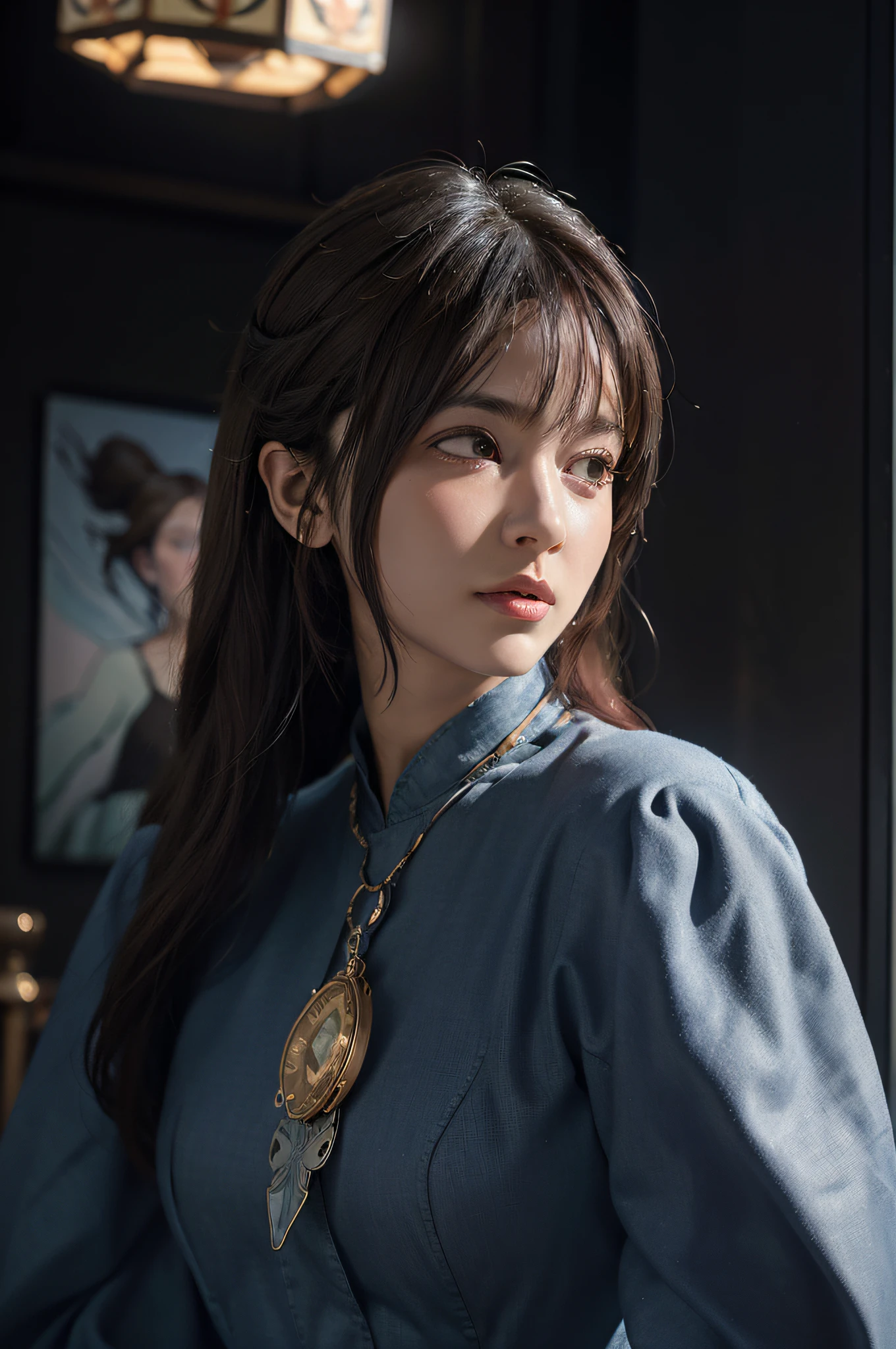 Alphonse Mucha's Surrealist Female Portraits, Fantasy Art, Photo Realism, Dynamic Lighting, ArtStation, Poster, Volumetric Lighting, Very Detailed Faces, Very Detailed Hands, 4k, Award-Winning , 1Girl, In the Dark, Deep Shadows, Low Profile, Denim Photos, (Formal Wear: 1.4), Long Hair, Gray Hair,