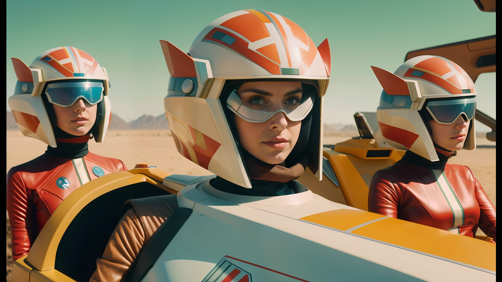 there are three women in star wars costumes in a car, inspired by Wes Anderson, f - zero, dslr 8 k, gorgeous female alison brie, by Louis Mathieu Verdilhan, still from anime, quentin mabille, tumblr aesthetic, desert mirage, wearing winged helmet, 2070s, orange