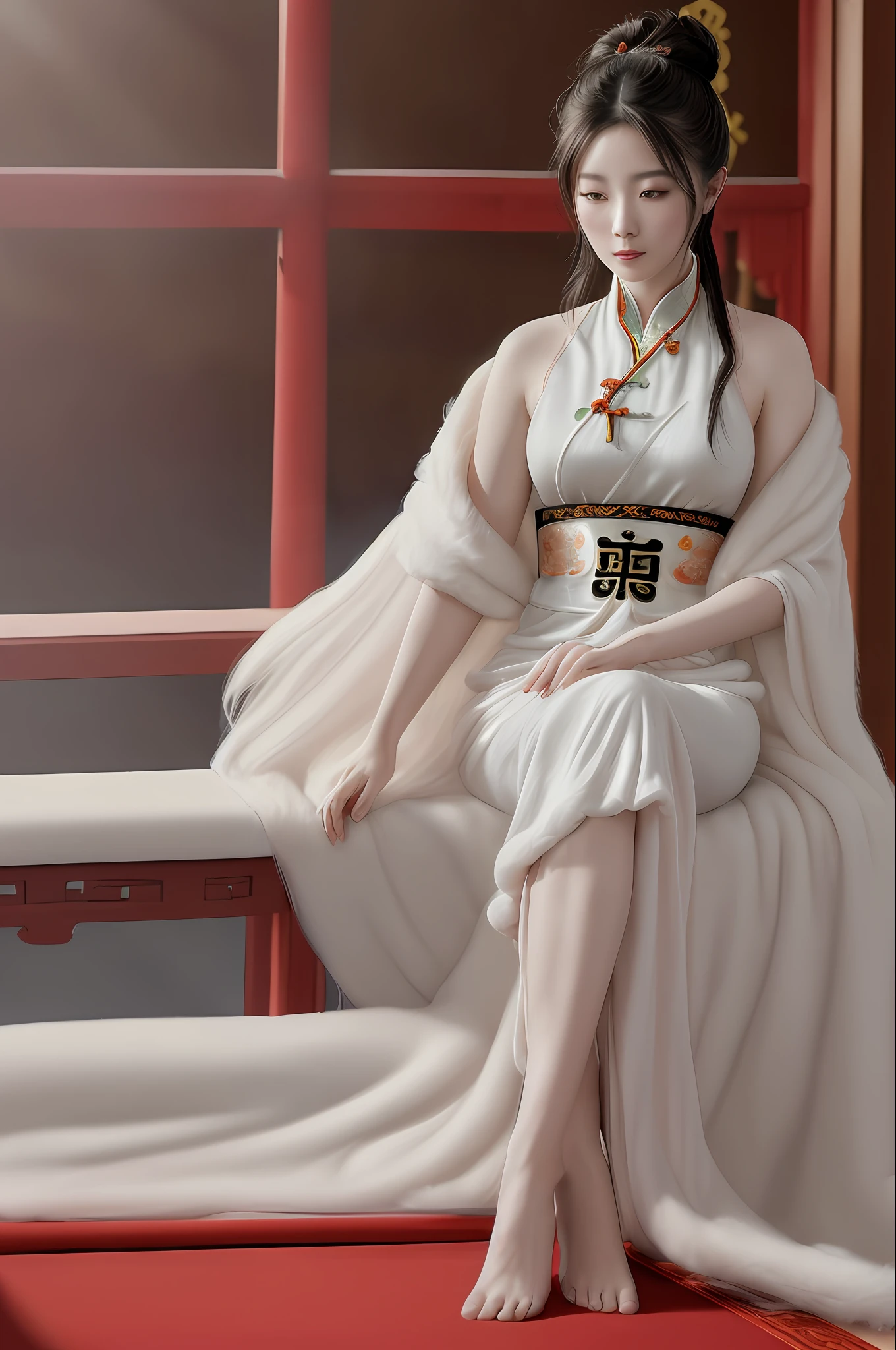 (RAW photo, best quality), (realistic, photo-realistic:1.3), extremely delicate and beautiful, Amazing, finely detail, masterpiece, ultra-detailed, highres,best illustration, best shadow,intricate,depth of field,
A Chinese Taoist woman wearing see through Taoist robe,cross-legged,off shoulders,bar shoulders,(long legs:1.4),hair bun,(((soft lighting:1.4))),(pale skin:1.4),(extremely intricate:1.2)>, (exquisitely detailed skin), cinematic light, perfect anatomy, (Taoist temple:1.4),
sharp focus, volumetric fog, 8k UHD, DSLR, high quality,( film grain:1.4), Fujifilm XT3,