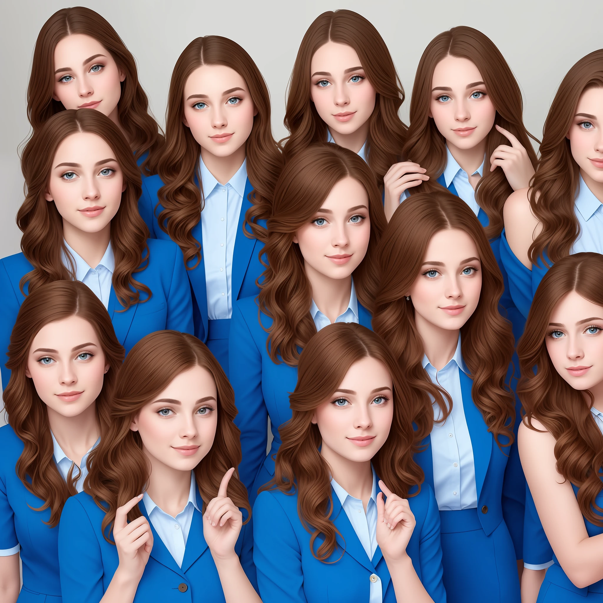 stunning identical sextuplets standing close together, in a room, 25 years old, full body, identical bodies, pale skin, athletic body, identical height, wearing blue skirt suits, same faces, same hairstyle, long wavy hair, same colour hair, light brown hair, five fingers on each hand, smiling, color, realistic, sharp focus on eyes, sharp focus on nose, 8 k, high definition, insanely detailed, elegant, ultra realistic, photorealism,