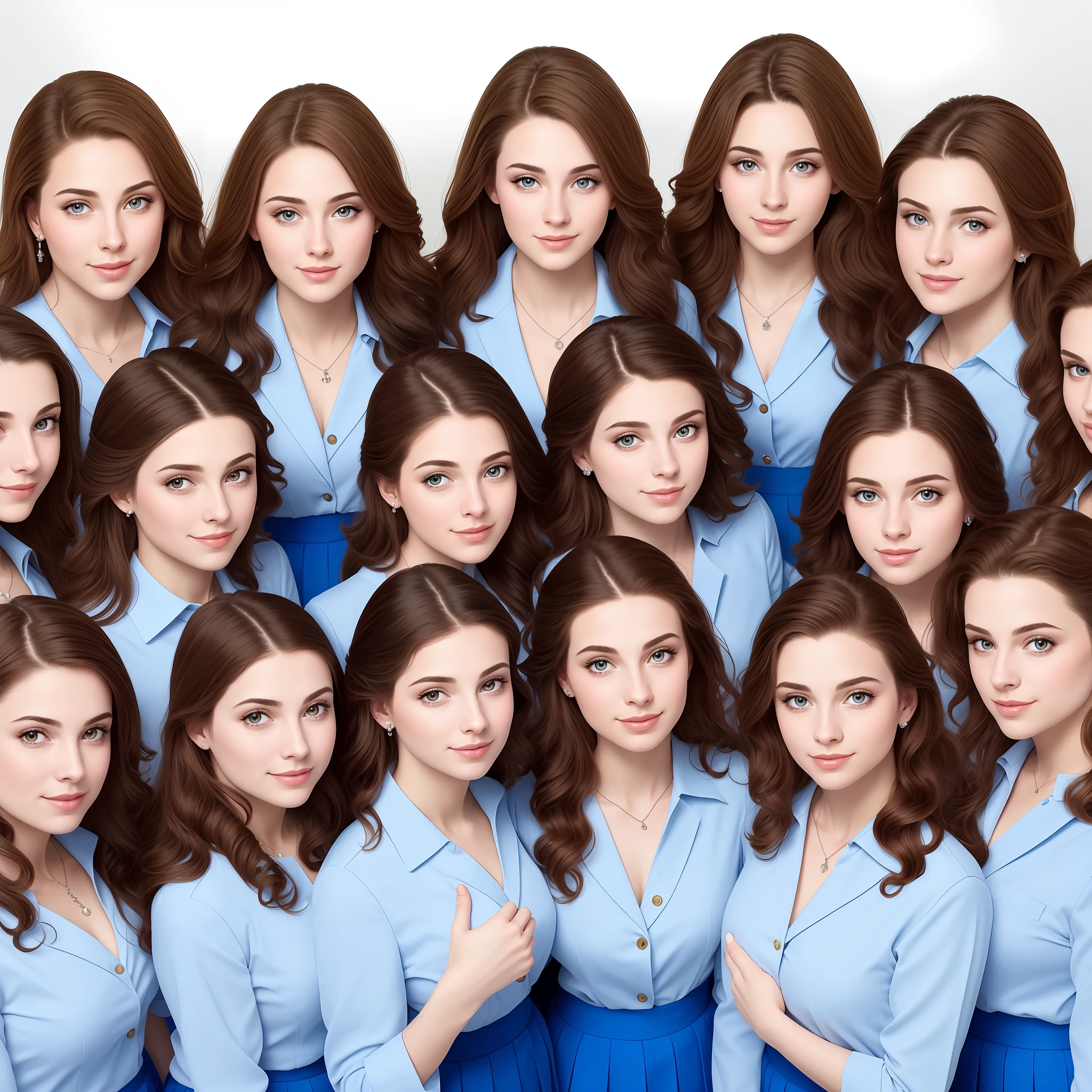 stunning identical sextuplets standing close together, in a room, 25 years old, full body, identical bodies, pale skin, athletic body, identical height, wearing blue skirt suits, same faces, same hairstyle, long wavy hair, same colour hair, light brown hair, five fingers on each hand, smiling, color, realistic, sharp focus on eyes, sharp focus on nose, 8 k, high definition, insanely detailed, elegant, ultra realistic, photorealism,