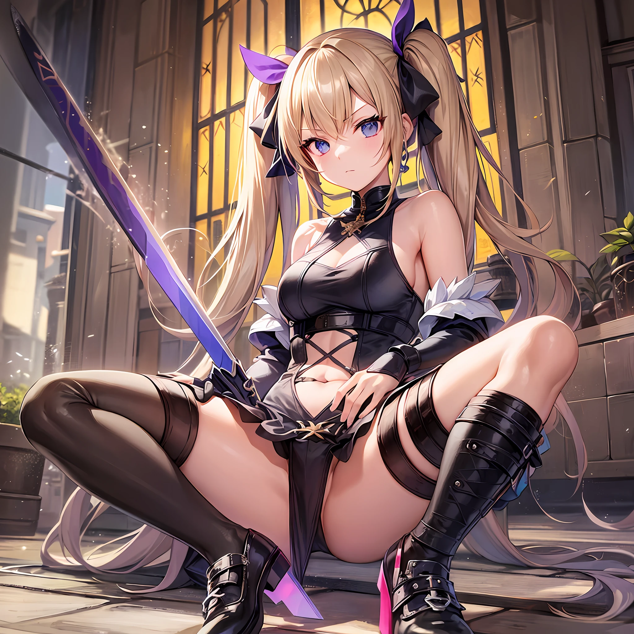 Beautiful girl, sword, kukri, blonde long, twin tails, genki, sexy costume, knee socks, cute shoes,