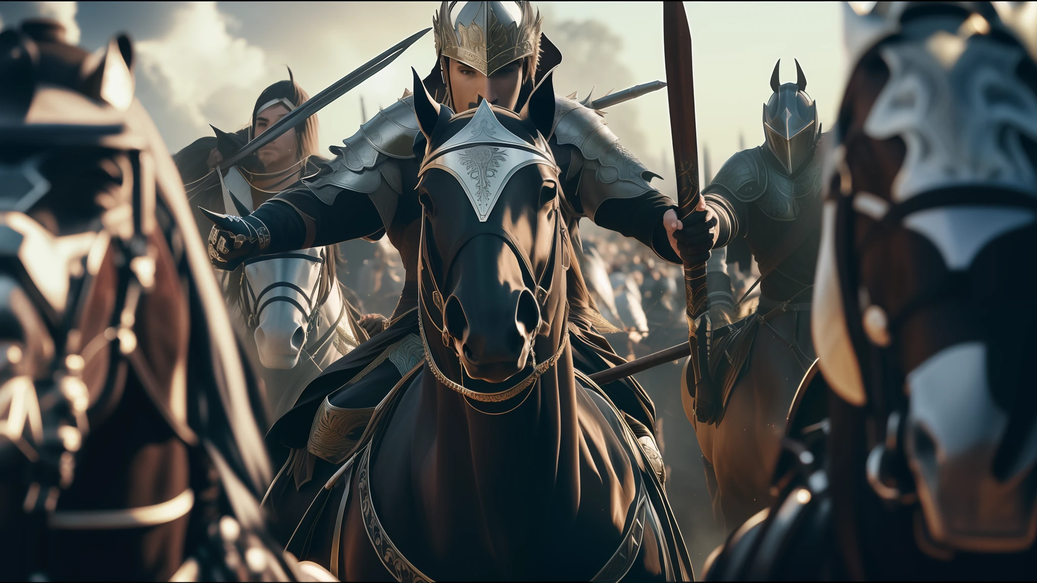 there are many people riding horses in a field with spears, cinematic render unreal engine, black shirt underneath armor, ornate filigree armor, anamorphic flares, 8k resolution – w 1024, car vs knight, arknights, price of persia movie, arnold renderer