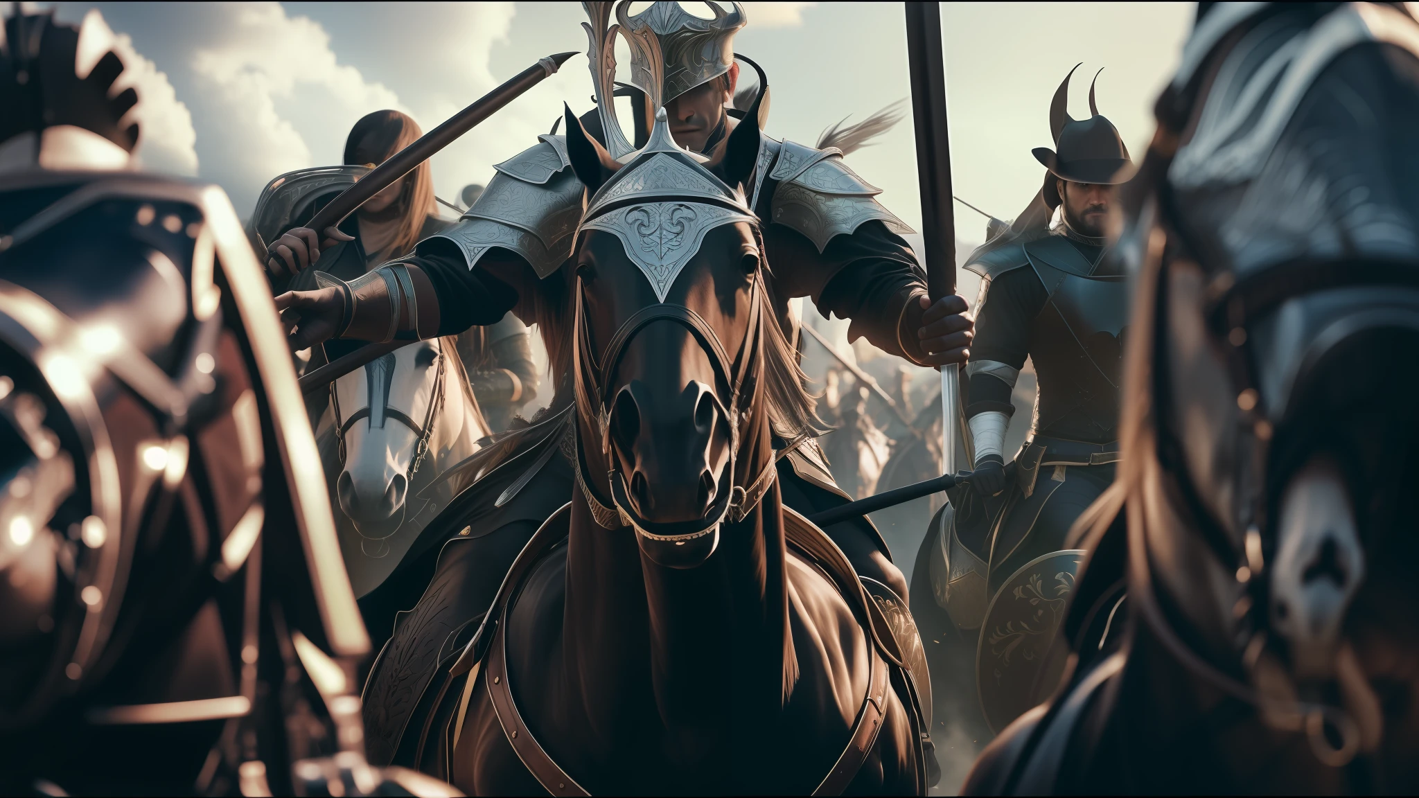 there are many people riding horses in a field with spears, cinematic render unreal engine, black shirt underneath armor, ornate filigree armor, anamorphic flares, 8k resolution – w 1024, car vs knight, arknights, price of persia movie, arnold renderer