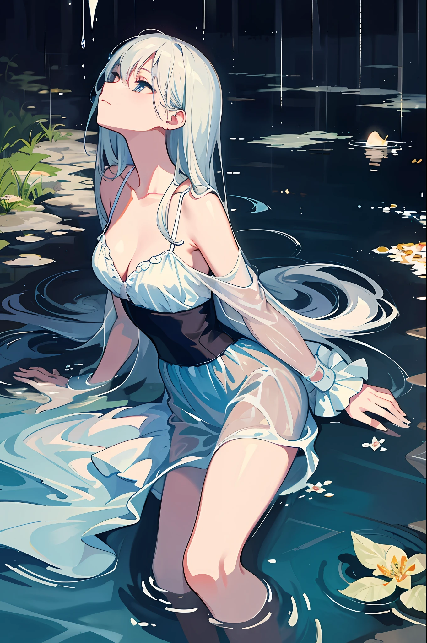 (masterpiece), painting style: (ink, rain), subject: fresh and elegant, character: girly, delicate temperament. Posture: Lying slightly on your side in the clear water, looking up at the sky, your elegant and slender fingers ripple on the water. Details: Water droplets splashed on her body, soaking loose white clothes, the corners of her clothes rippling with the water. Visual priority: mainly girls, smoke and rain and ink vistas are secondary, the picture is mainly soft, and the torrent is secondary.
