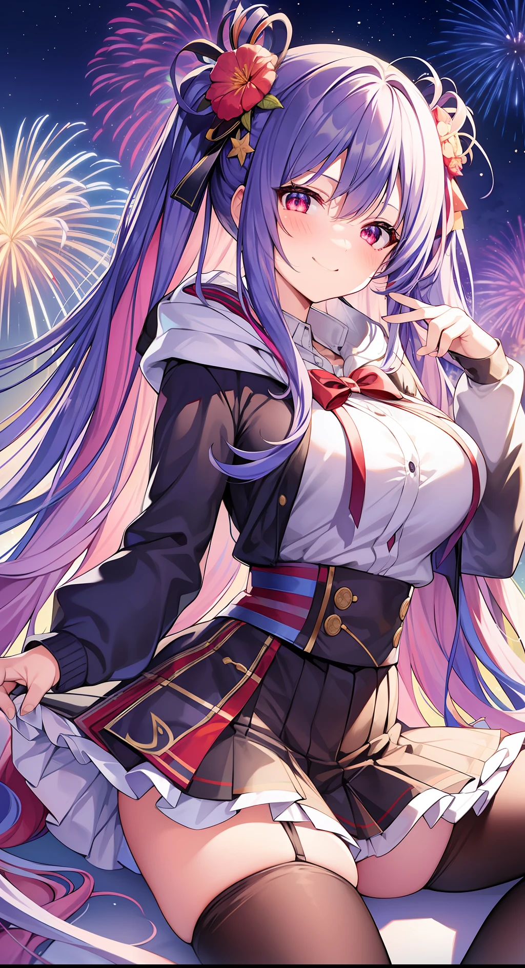 masterpiece, best quality, fireworks, the top of the hill, night, game_cg, ojousama, absurdly long hair, gradient hair, multicolored hair, straight hair, side braid, twintails, braided bangs, hair over breasts, hair flower, crescent hair ornament, gradient_eyes, beautiful detailed eyes, looking at viewer, grin, naughty_face, large breasts, hoodie , miniskirt, white legwear, torn pantyhose, yokozuwari, skirt lift,