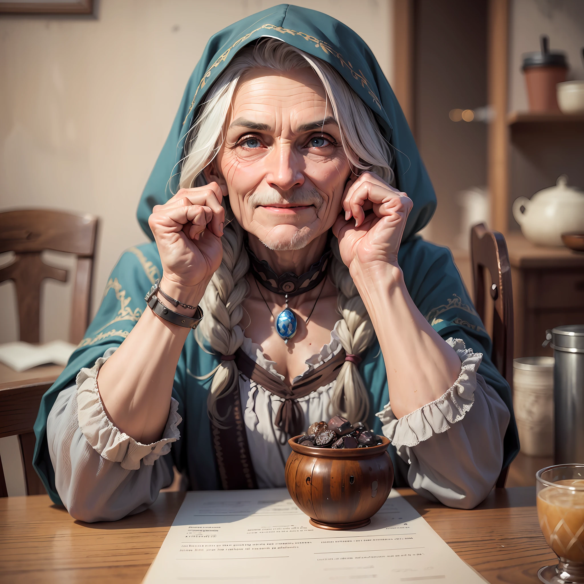 photorealistic, highest quality, RAW photo, (medium shot) photos (Baba Yaga, witch 60 years old: 1.4), powerful physique sitting in front of a table with (mocking smile: 1.4), (putting one hand on cheek: 1.4), dressed in an old cloak, large aquiline nose, bushy eyebrows, gray eyes, grayish skin, wrinkles around the eyes, powerful aquiline nose, beardaks, powerful chin, creepy, disturbing, photorealistic skin texture | Stains | wrinkles, detailed clothing, clothing texture, raincoat, | wrinkles, abundance of detail, intricate details, subsurface scattering, volumetric shadows, sharp focus, 8k, high detail, UHD, HDR (extremely high facial expression: 1.3), 5 fingers, precise hand anatomy --auto --s2