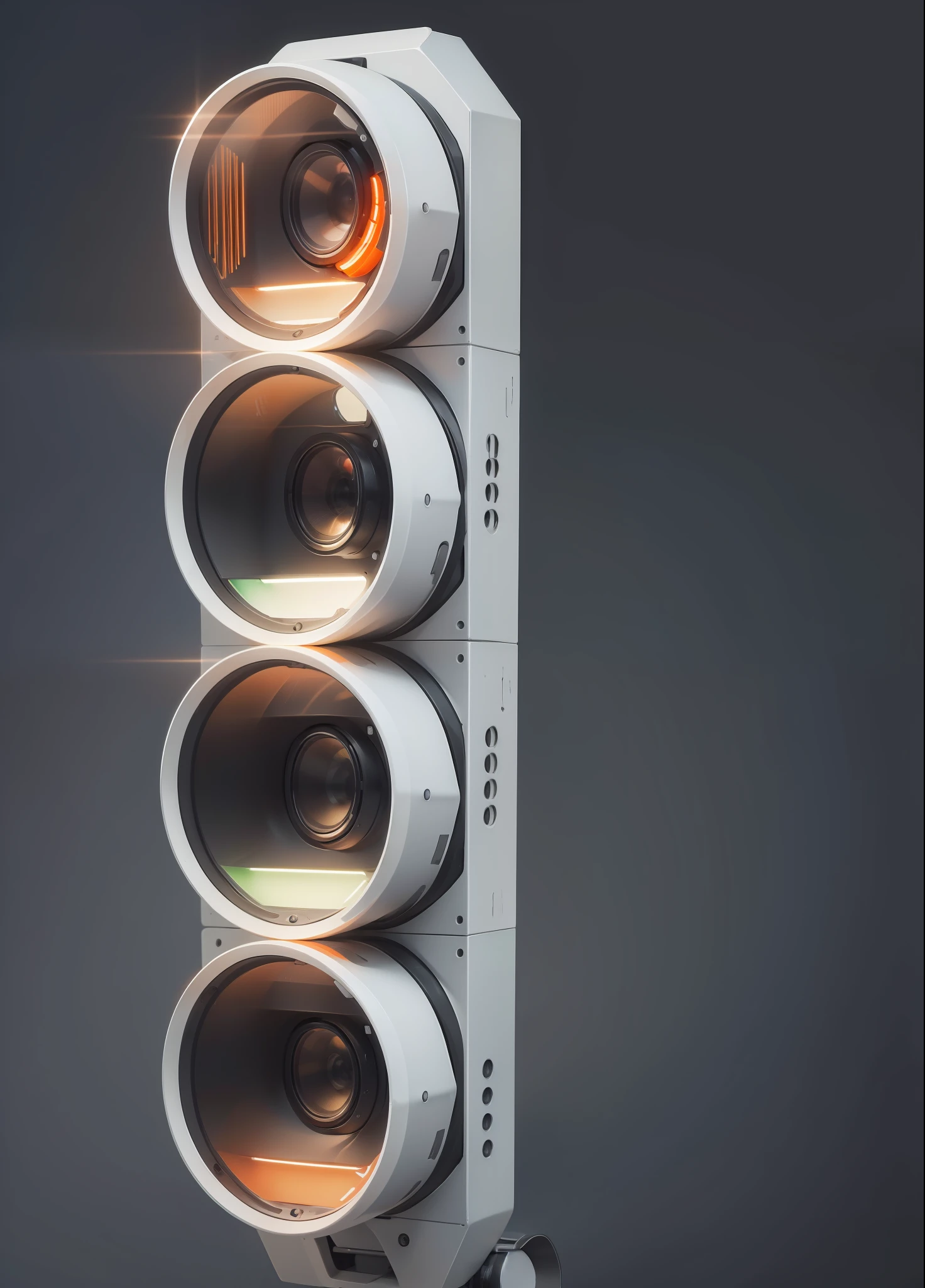 a white plastic producr design of traffic lights with three orange lights, (masterpiece), (best quality), photorealistic, 8k raw photo, ultra high res, mechanics, mechanical parts, product photo, studio shot, complex lighting, dark grey background studio