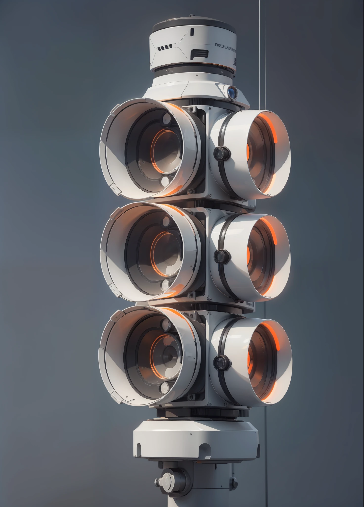 a white plastic producr design of traffic lights with three orange lights, (masterpiece), (best quality), photorealistic, 8k raw photo, ultra high res, mechanics, mechanical parts, product photo, studio shot, complex lighting, dark grey background studio