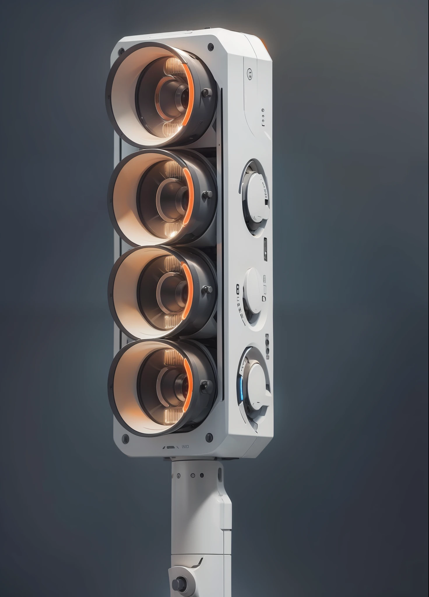 a white plastic producr design of traffic lights with three orange lights, (masterpiece), (best quality), photorealistic, 8k raw photo, ultra high res, mechanics, mechanical parts, product photo, studio shot, complex lighting, dark grey background studio