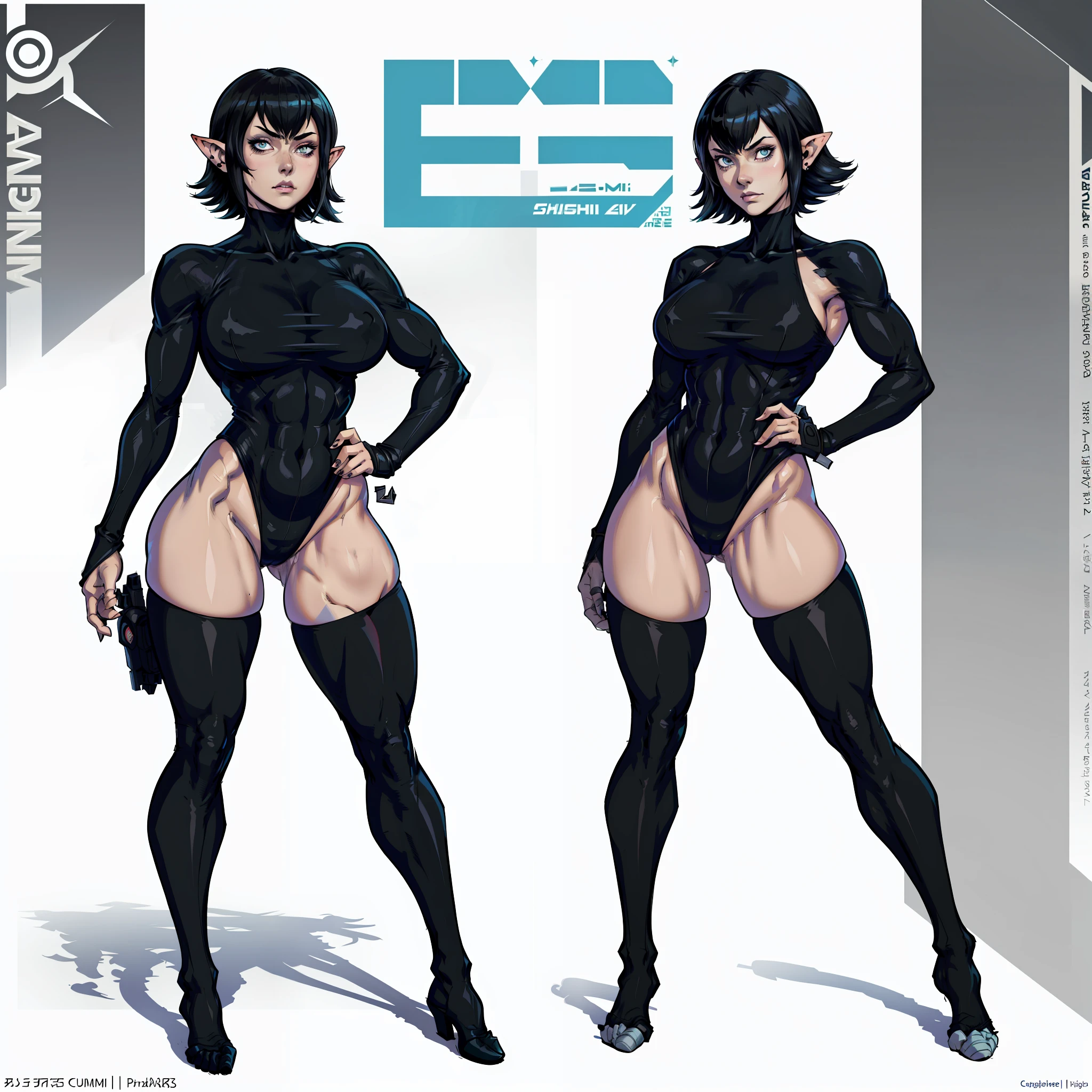 A closeup of a woman and some other poses,cutesexyrobutts, black haired woman with short short bob cut, bright blue eyes, pale skin, vampire, pointed ears, muscular!, fit body, gynoid body, sweaty body, perfect body, fit body, abdomen, big breasts, chubby butt, prancing ass, prancing butt, full body concept art, detailed full body concept art, Cushart Krenz Key Women's Art, Masamune Shirow style, Yusuke Murata style, Ilya Kuvshinov, Oppai proportions, Leotard costume, official character art, uniform, full body concept, (best quality, masterpiece) a cute chibi girl,