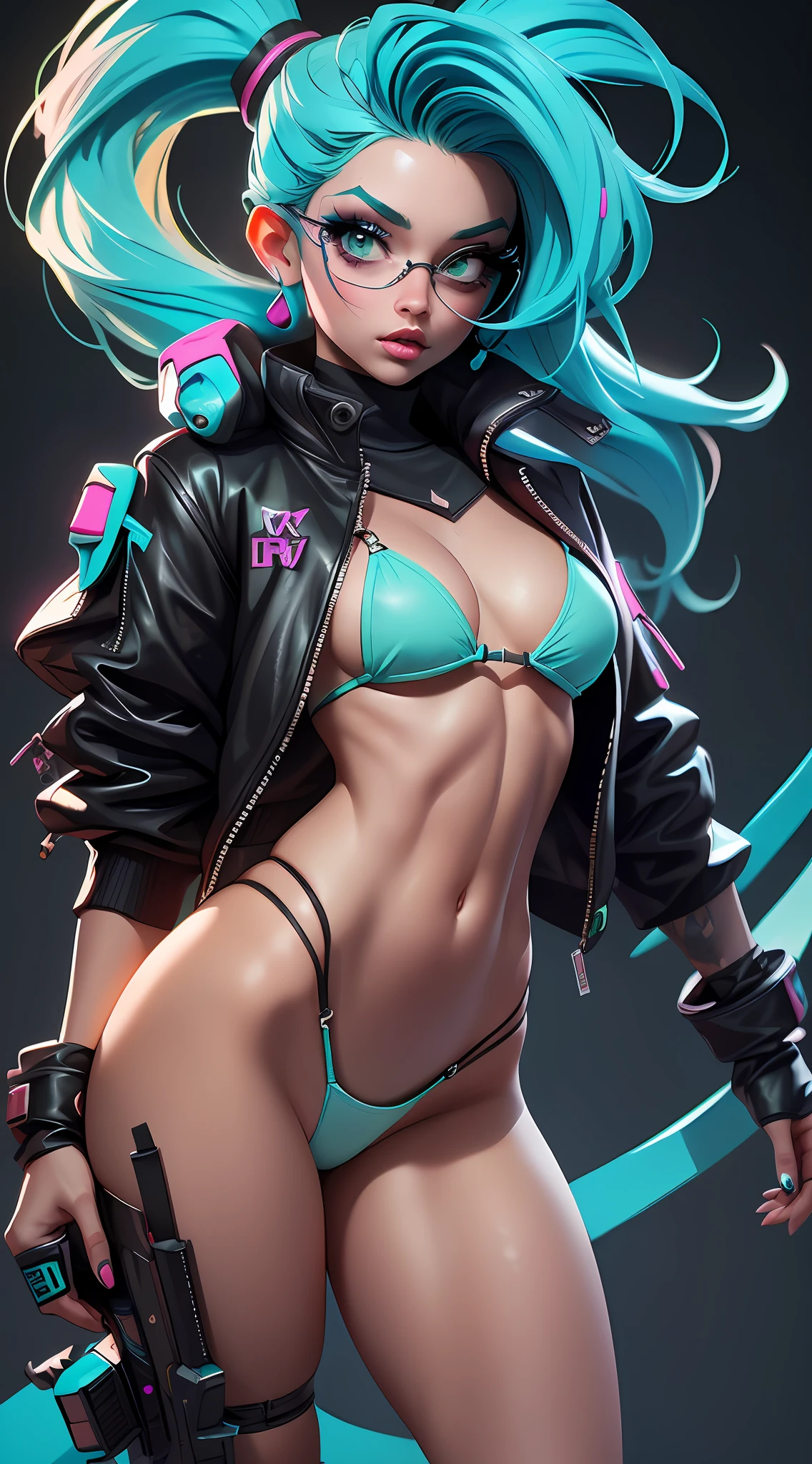 ((Best Quality)), ((Masterpiece)), ((Realistic)) and ultra-detailed photography of a 1nerdy girl with goth and neon colors. She has ((turquoise hair)), wears a small skimpy black bikini thong , ((beautiful and aesthetic)), muscular abs, sexy, under-boobs, hot