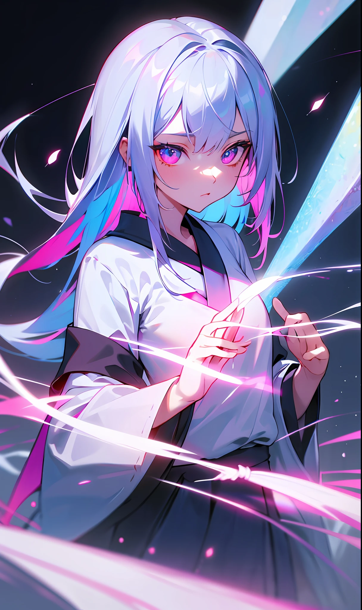 (Fine, clear images, super resolution, extremely amazing detail, awesome detail), subsurface scattering, masterpiece, best quality, high quality, 1girl, solo, upper body, prism eyes, prism hair, prism, serious, [silver|white] + (blue: -0.3) hair, blue + red eyes, gradient eyes, multicolored eyes, calm, small breasts, japanese student uniform, glowing eyes, glowing eyes, glowing white particles, glitter, bloom, fantasy, cave