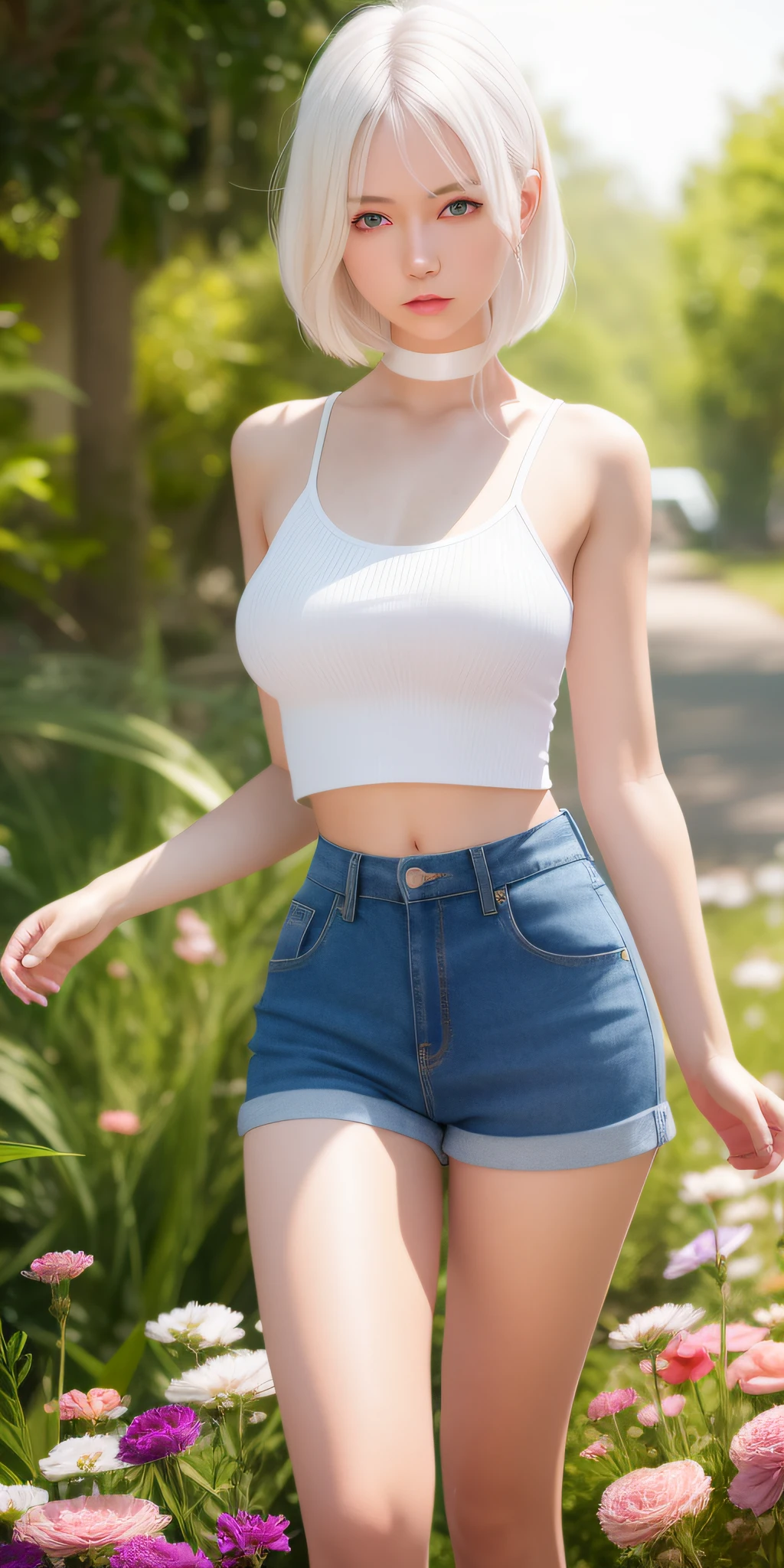 Super realistic, 1girl, white hair, purple eyes, glowing eyes, cropped top, super shorts, parted lips, long legs, blush, night, flowers, sun, sunlight, half breast, 8K