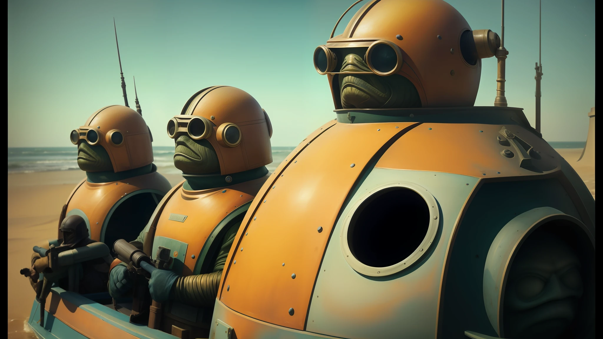 there are three people in a boat with helmets and goggles, inspired by Volkan Baga, star wars alien faces, furaffinity, still image from the movie, by Chris LaBrooy, innsmouth ocean - dwellers, jabba el hutt, symmetrical dieselpunk warrior, 1 9 5 0 s scifi, frogs, award winning costume design
