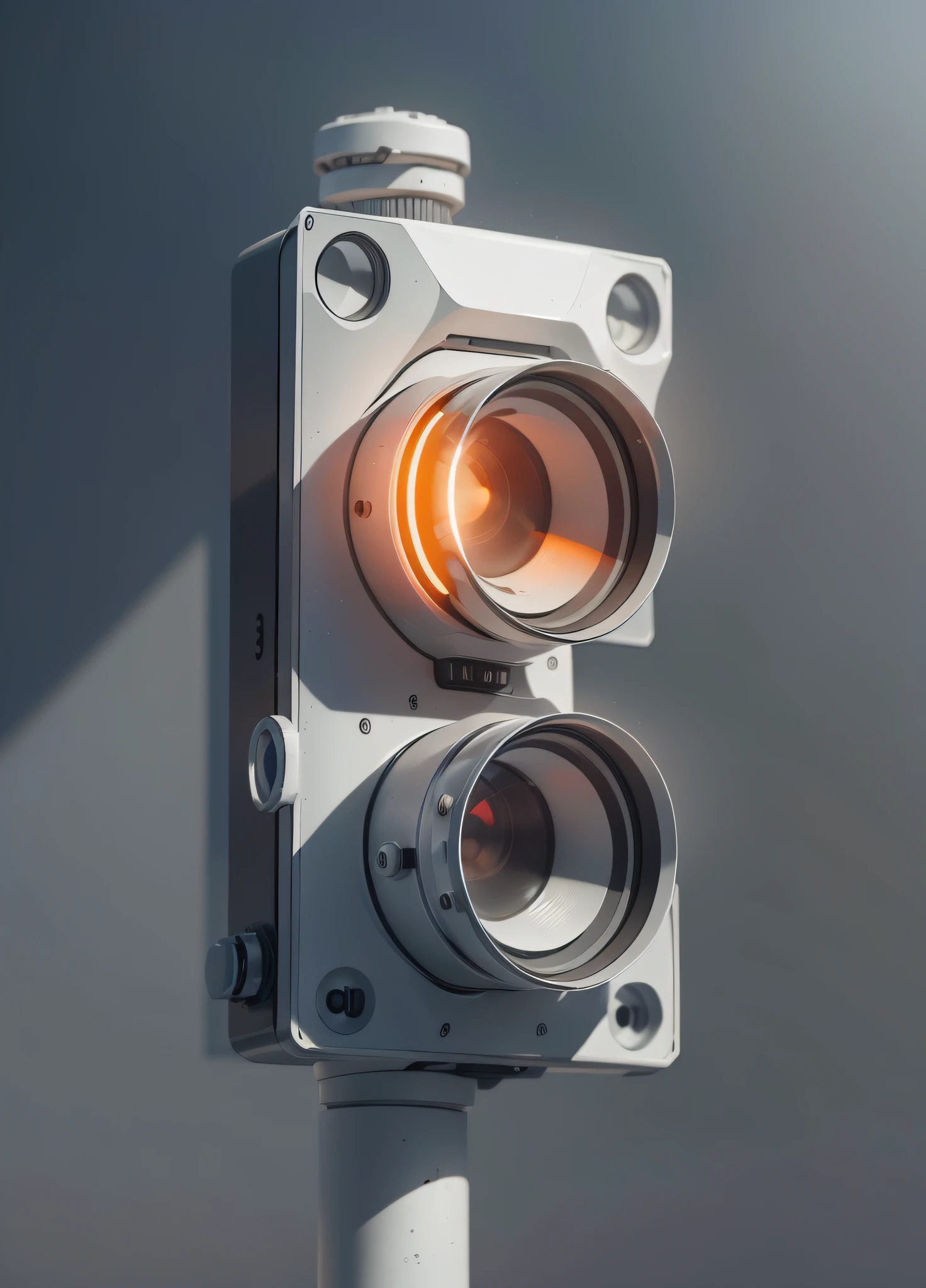 a white plastic producr design of traffic lights with three orange lights, (masterpiece), (best quality), photorealistic, 8k raw photo, ultra high res, mechanics, mechanical parts, product photo, studio shot, complex lighting, dark grey background studio