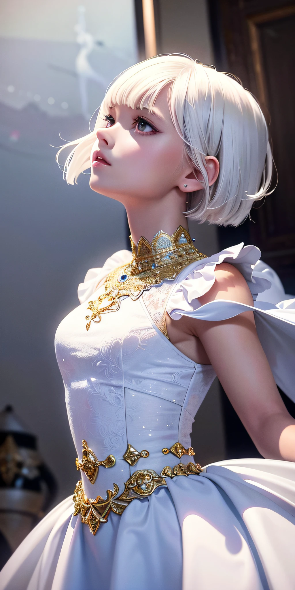 Princess, One Girl, Amazing Dress, Short Hair, Photorealistic, Best Quality, Masterpiece, White Hair, Gold Eye, Look Up, Upper Body, Hair, Fair Skin
