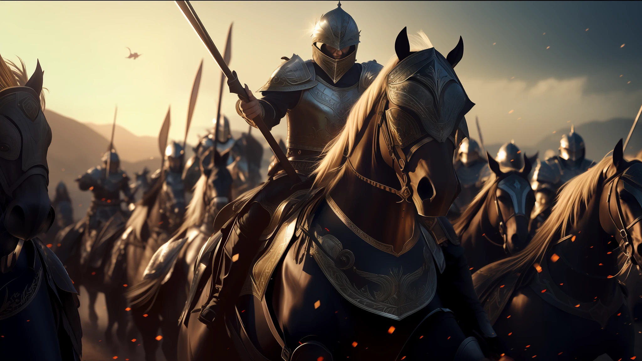 there are many people riding horses with helmets and armor on, cinematic digital art, anamorphic flares, persian warrior, 2018 cinematography, shining plate armor, islam, by Koloman Sokol, gothic armor, video animation, undead winged hussar, cgsociety 9