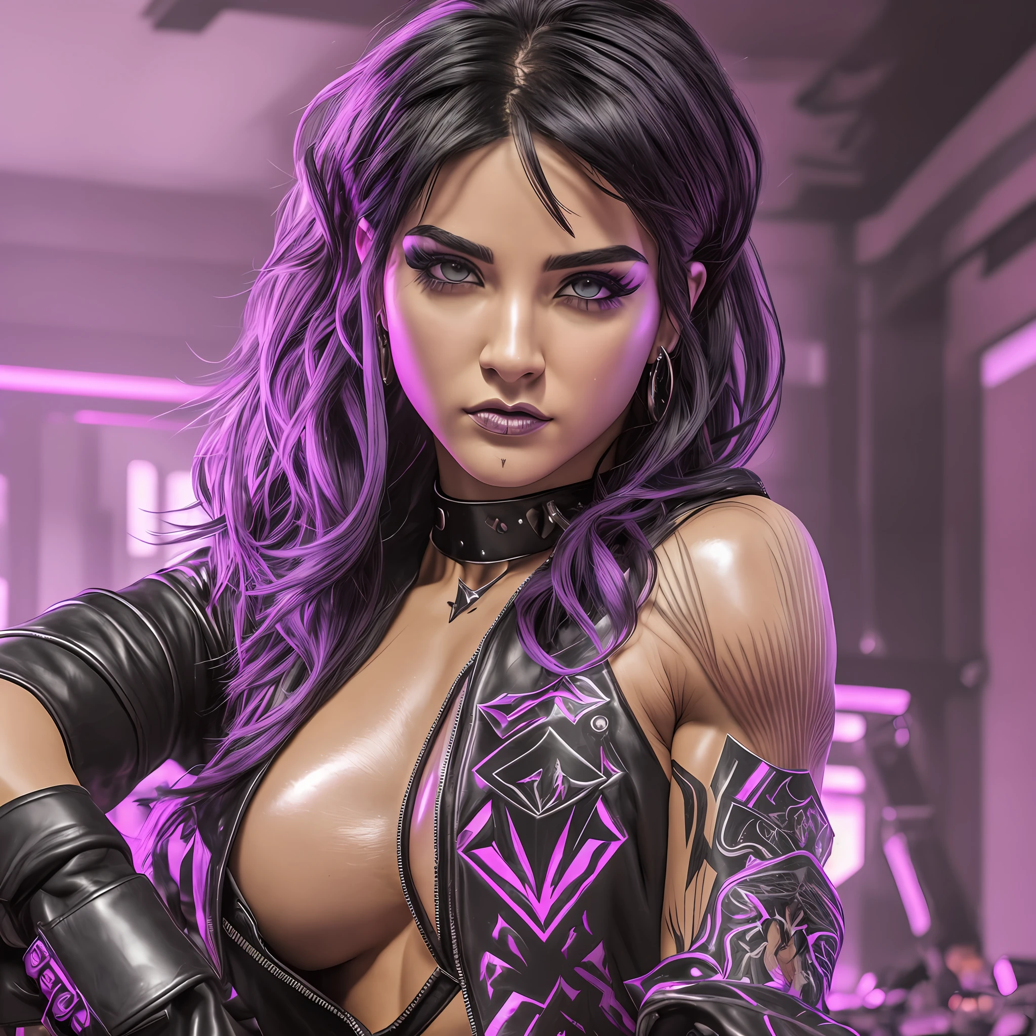 masterpiece, ultra realistic, 8k, cinematic lighting, flawless, professional artwork, 1woman, black hair, pixie hair, looking at viewer, grey eyes, detailed eyes, loose styled, (modern illustration), sharp gaze, sitting at floor pose, brutality charm, (bright colors:0.9), (high-resolution:1.2), (muscle female body:1.5), black choker, goth makeup, wrestler, leather jacket, NSFW, violet palette, metalhead --auto --s2