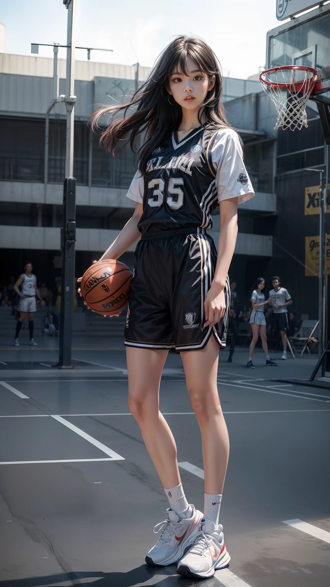 (8K, Best Quality, Masterpiece: 1.2), (Realistic, Realistic: 1.37), Ultra Detailed, Best Quality, Ultra High Resolution, Professional Lighting, Photon Mapping, Teleportion, Physically Based Rendering, Cinematic Lighting, Basketball Court, Depth of Field, Clear Focus, Sunlight, Good Composition, (Bokeh: 1.2) 1girl, solo, (full body), (mouth closed), beautiful and detailed eyes, posture, narrow waist, basketball uniform, black hair, messy hair, long hair fluttering in the wind, ( ulzzang-6500:1.2)